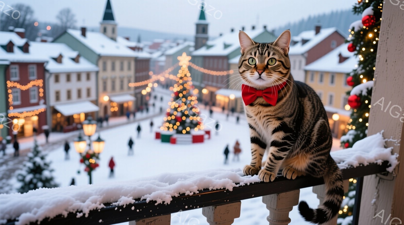 縞模様の猫が、雪で覆われた手すりに座り、赤い蝶ネクタイを身につけてカメラを見つめている。背景には、クリスマスの飾り付けがされた街並みが広がり、雪が降る冬の風景が広がっている。全体的に、温かく、お祝いム - AI生成フリー素材