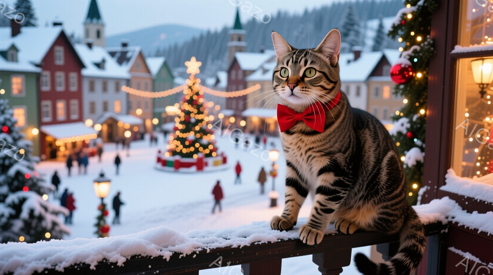 白い雪に覆われた街並みを背景に、赤い蝶ネクタイを付けた縞模様の猫が手すりに座っています。猫は前方をまっすぐ見つめ、静かで上品な表情をしています。背景にはクリスマスツリーが飾られ、人々が冬の街を散策して - AI生成フリー素材