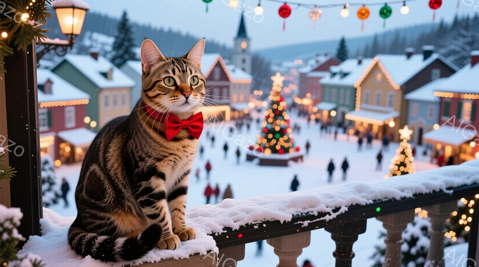 縞模様の猫が雪で覆われた手すりに座り、赤い蝶ネクタイを付けてこちらを見ている。背景には、クリスマスツリーを中心に、雪景色の中にカラフルな建物が並ぶ賑やかな広場が広がり、多くの人々が歩いている。全体的に - AI生成フリー素材