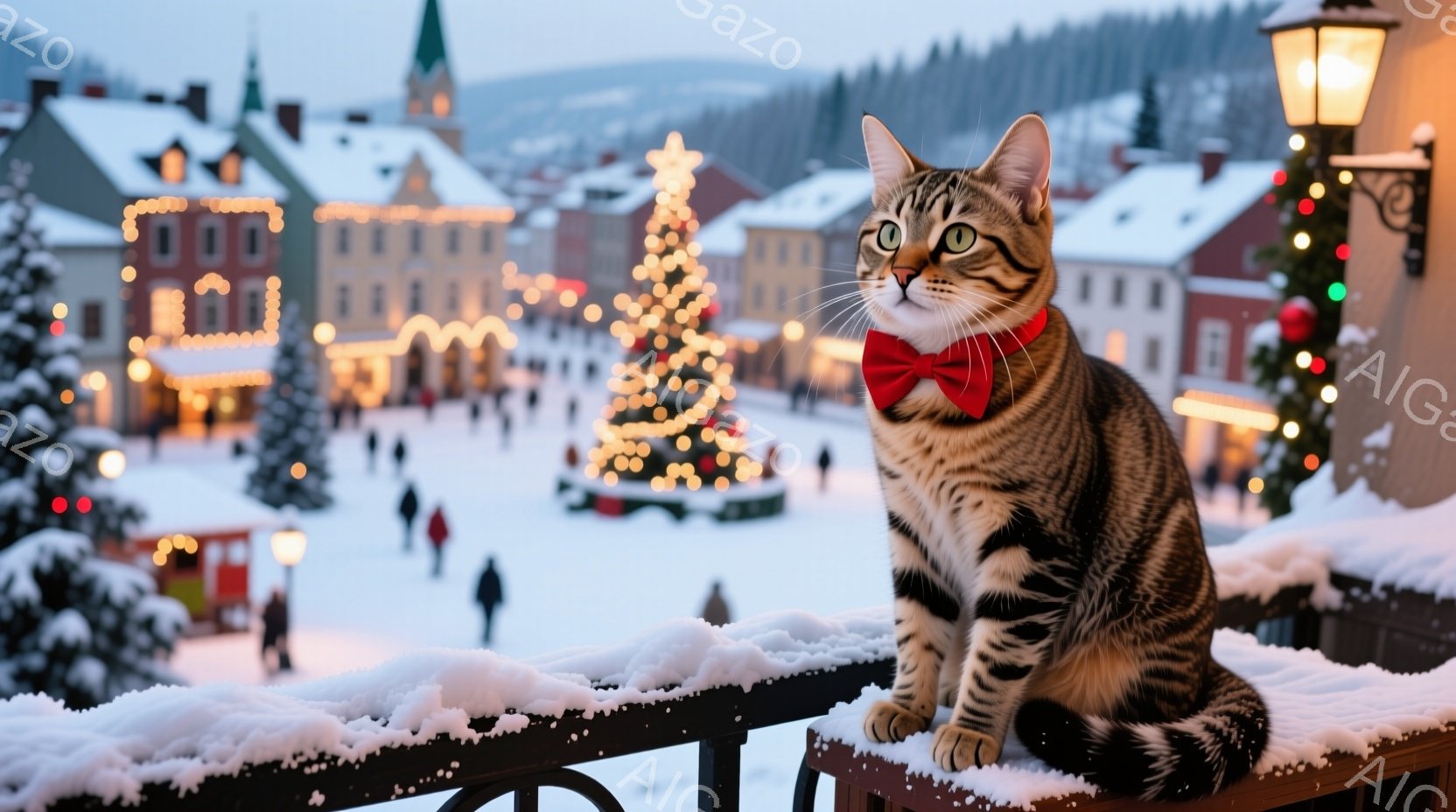 縞模様の猫が雪で覆われた手すりに座り、赤い蝶ネクタイをつけてこちらを見ています。背景にはクリスマスのイルミネーションで飾られた建物が並び、雪が降る冬の景色が広がっています。全体的に暖かく、お祝いムード - AI生成フリー素材