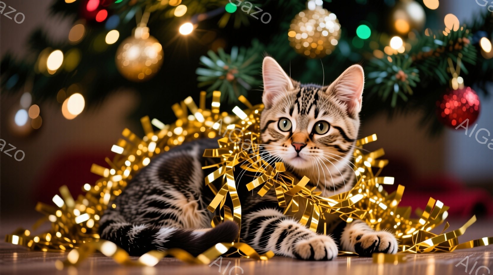 縞模様の小さな子猫が、キラキラと光る金色の飾り付けに囲まれて床に横たわっています。子猫は緑色の瞳でカメラを見つめ、少しいたずらっぽい表情を浮かべています。背景には、ぼやけたクリスマスツリーとカラフルな - AI生成フリー素材