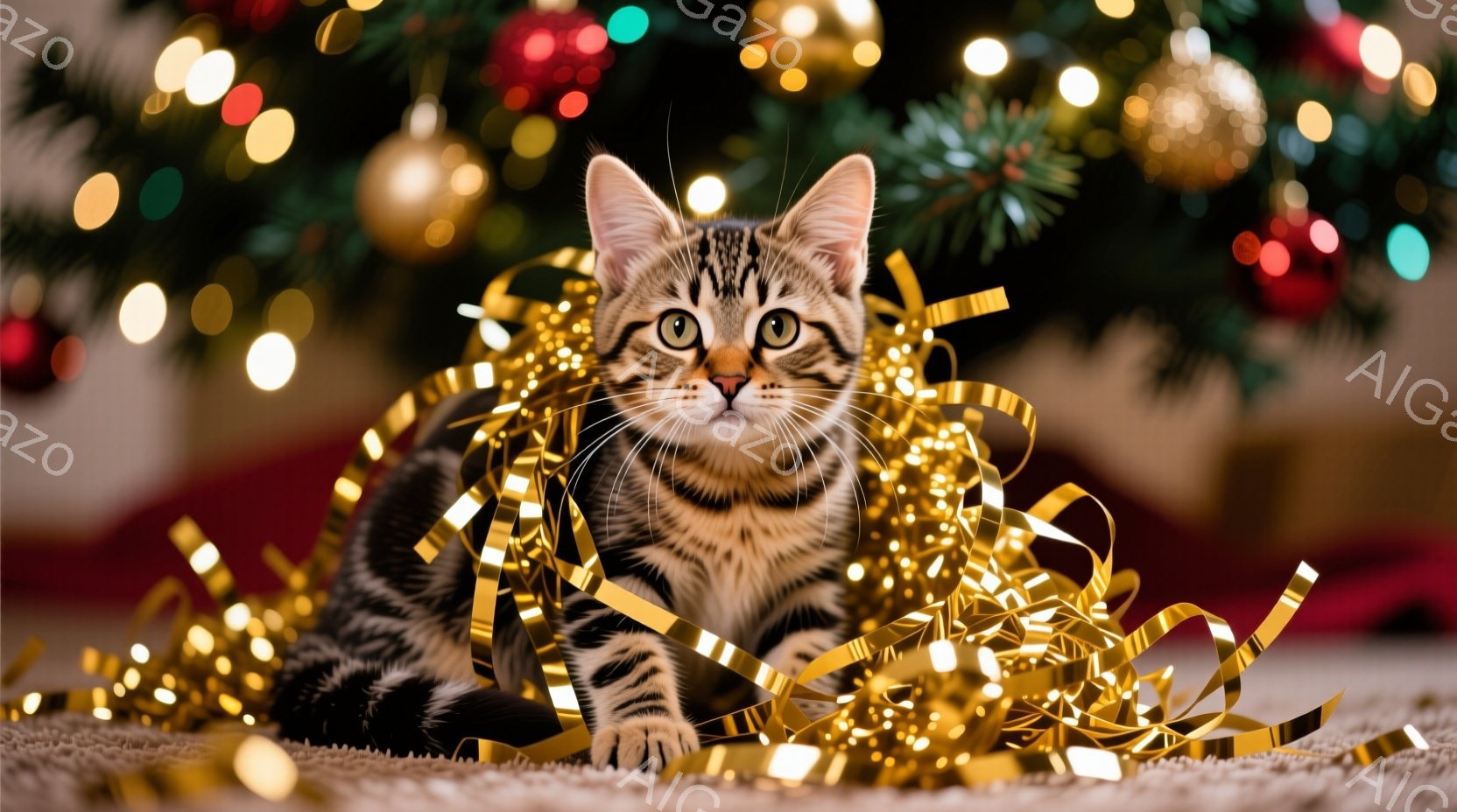 あらゆる人々が愛するクリスマスのシーンを表現する画像です。中央には、柔らかな白色の綿毛を持つ小さなタイガーキットが座っています。この可愛い生き物は、目を視ており、それは驚くような表情であり、彼は興奮し - AI生成フリー素材