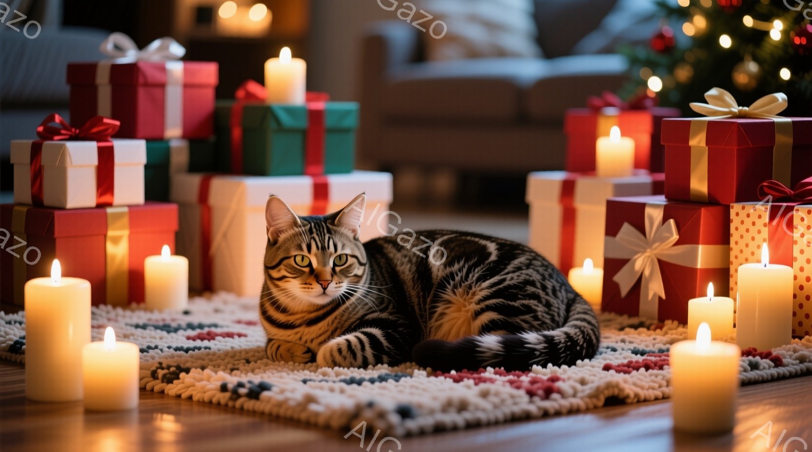 縞模様の猫が、赤い、緑、白いリボンで飾られたプレゼントの山に囲まれた敷物の上で横たわっています。周囲には点灯したキャンドルが暖かく灯り、背景にはぼやけたクリスマスツリーが見え、穏やかで居心地の良い雰囲 - AI生成フリー素材