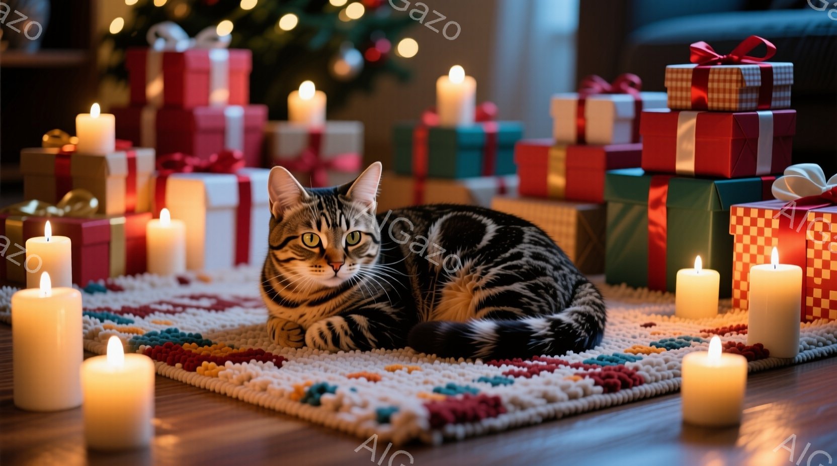 縞模様の猫が、カラフルな敷物の上でリラックスして横たわっています。周囲にはクリスマスプレゼントが積み上げられ、点けられたキャンドルが暖かく優しい光を放っています。背景にはぼやけたクリスマスツリーが見え - AI生成フリー素材