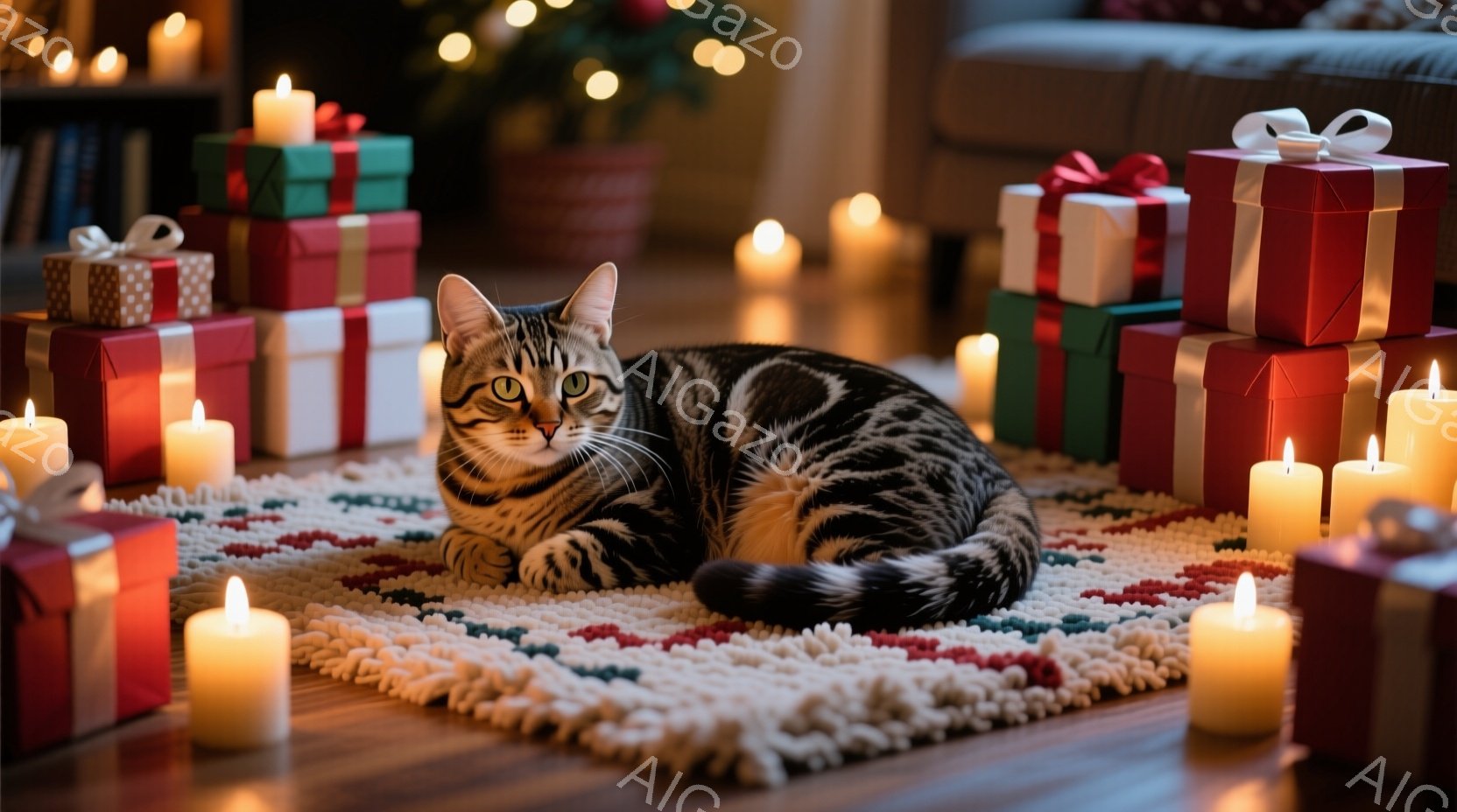 縞模様の猫が白いフリンジ付きのラグの上に横たわっており、周囲にはラッピングされたプレゼントや点灯したキャンドルが配置されています。猫はリラックスした様子でカメラを見つめ、その表情は穏やかで落ち着いてい - AI生成フリー素材