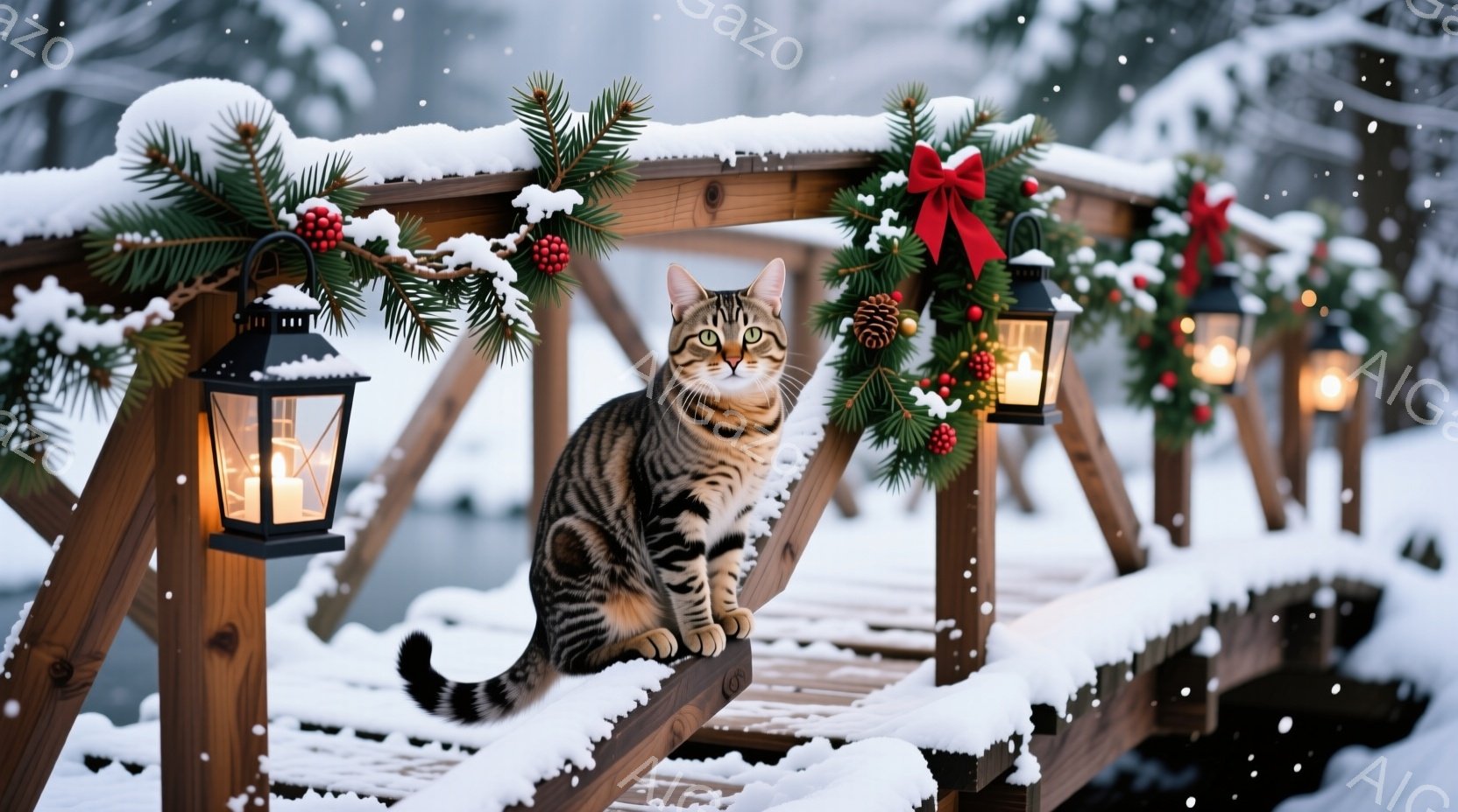 雪が降る木製の橋の上に、縞模様の猫が優雅に座っています。橋にはクリスマスツリーの飾り付けが施され、キャンドルが灯ったランタンが取り付けられています。背景には雪に覆われた自然が広がり、冬の暖かく幻想的な - AI生成フリー素材