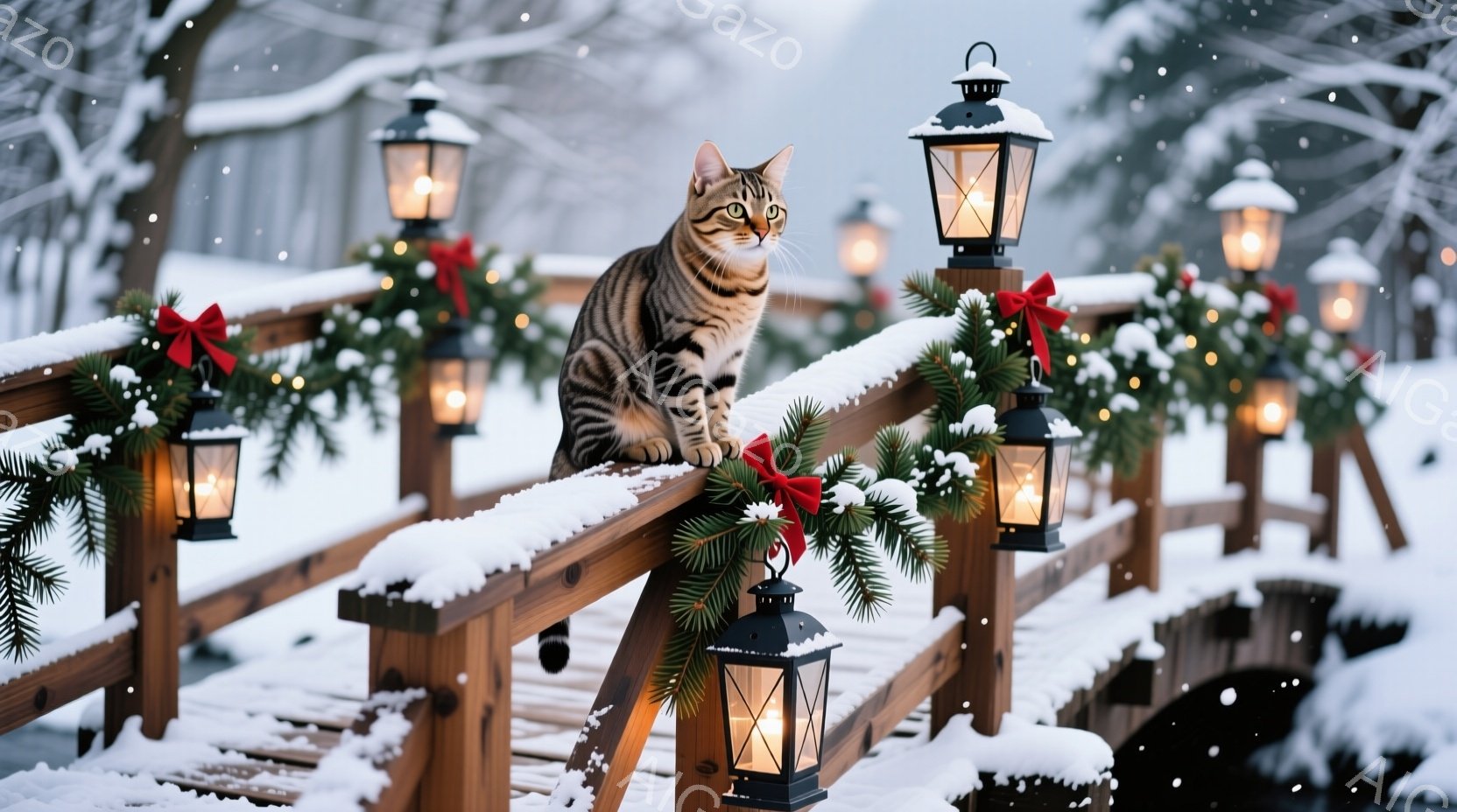 雪に覆われた木製の橋の上に、縞模様の猫が座ってこちらを見ている。橋の欄干には、クリスマスツリーの枝と赤いリボンが飾られ、多くの提灯が灯り、暖かい光を放っている。背景は雪景色で、冬の静かで穏やかな雰囲気 - AI生成フリー素材