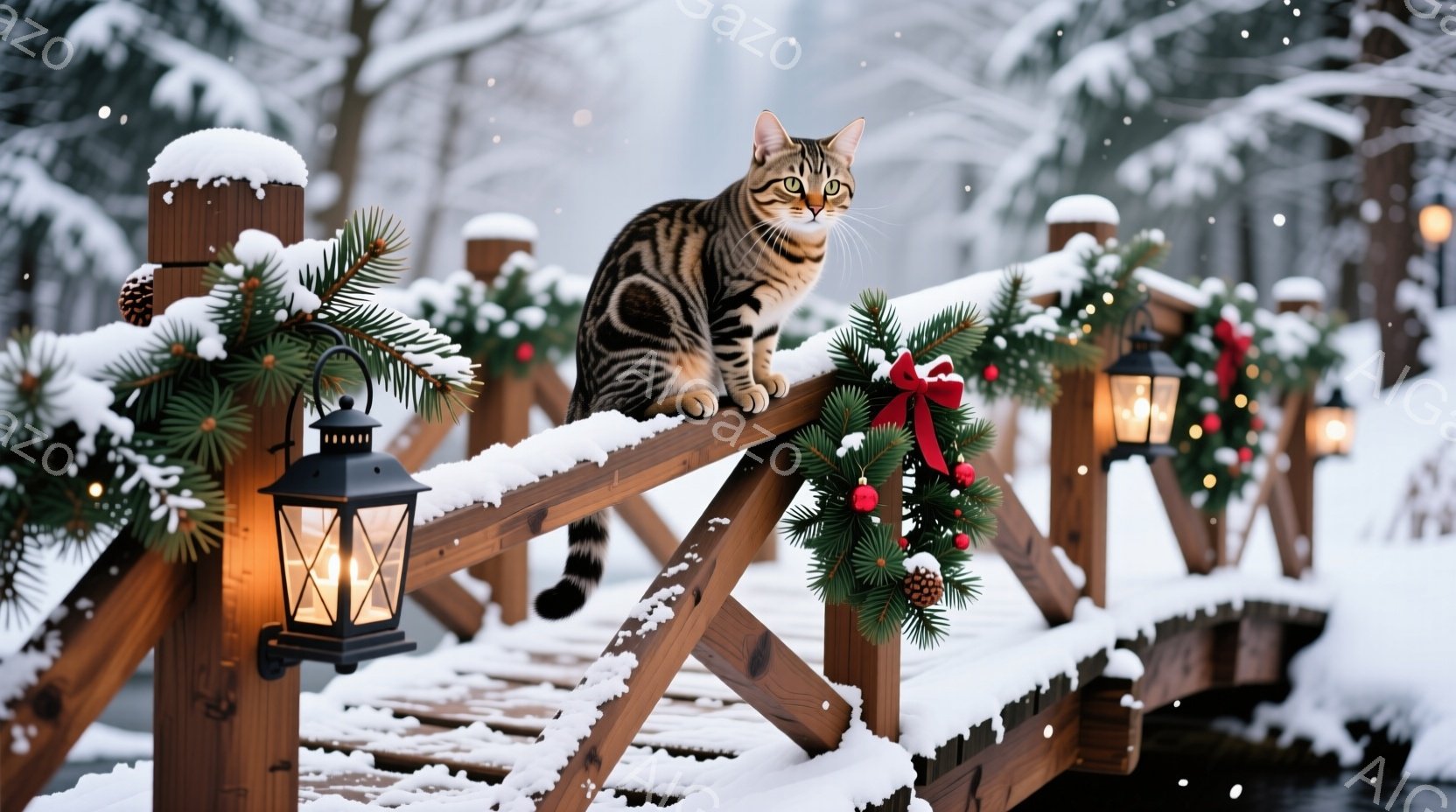 雪が降る木製の橋の上に、縞模様の猫が座っています。橋はクリスマス風の装飾で飾られ、松の飾りと赤いリボンが暖かく輝くランタンに囲まれています。冬の穏やかな雰囲気の中で、猫は落ち着いて周囲を見渡しています - AI生成フリー素材