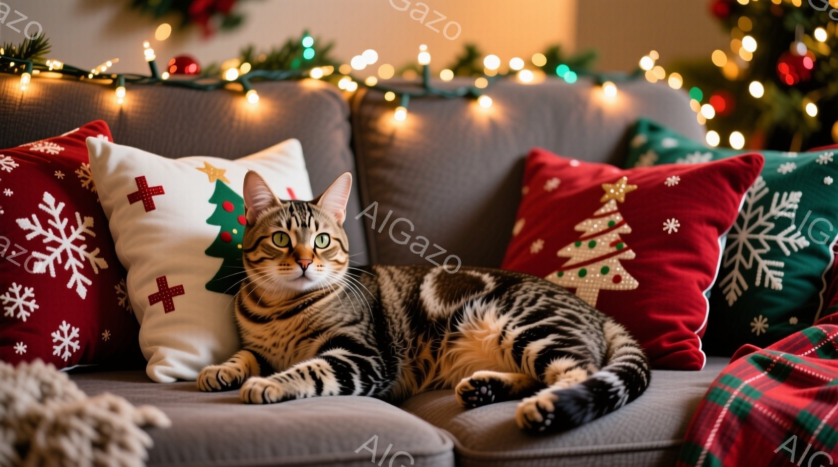 ソファに縞模様の猫が横たわっており、リラックスした表情で正面を見ている。背景にはクリスマスを連想させる赤いクッションや緑色のクッション、そしてキラキラと輝くイルミネーションが飾られている。全体的に暖か - AI生成フリー素材