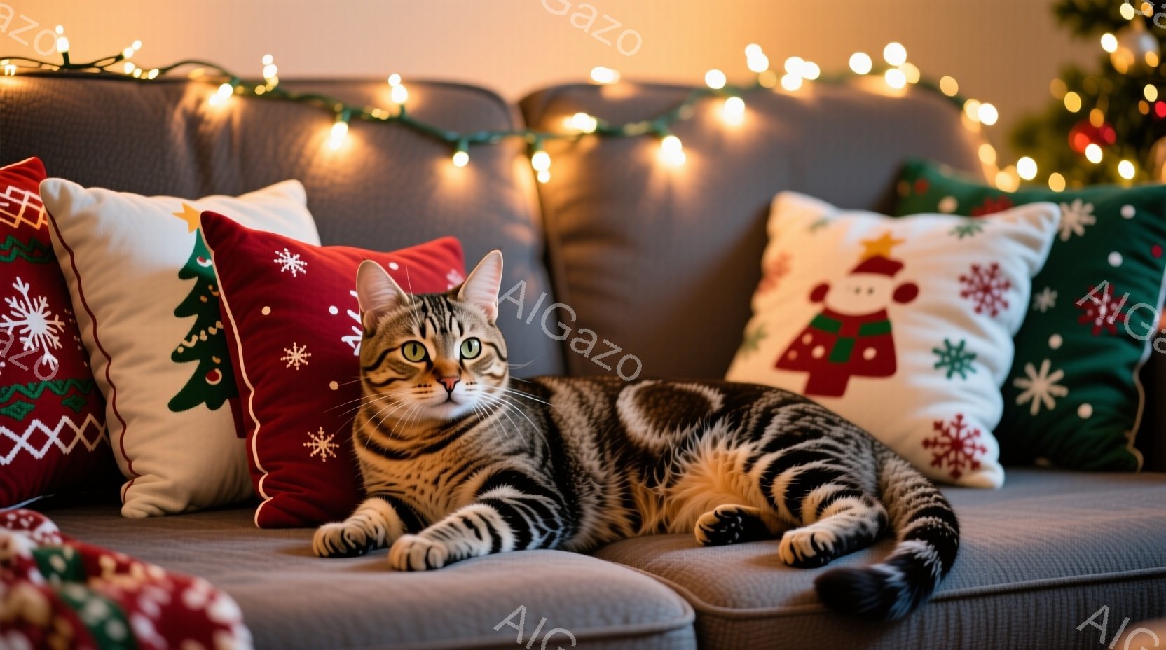 ソファの上で縞模様の猫がリラックスして横たわっています。猫は前足を伸ばし、落ち着いた表情でカメラを見ています。背景にはクリスマスを思わせる柄のクッションが並び、暖かい光のイルミネーションが飾られており - AI生成フリー素材