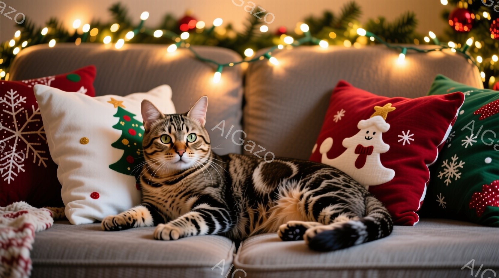 ソファに縞模様の猫が横たわっており、リラックスした表情をしています。猫の周りには、クリスマスをテーマにしたクッションが配置されており、背景にはぼやけたクリスマスツリーのライトが見えます。全体的に、暖か - AI生成フリー素材