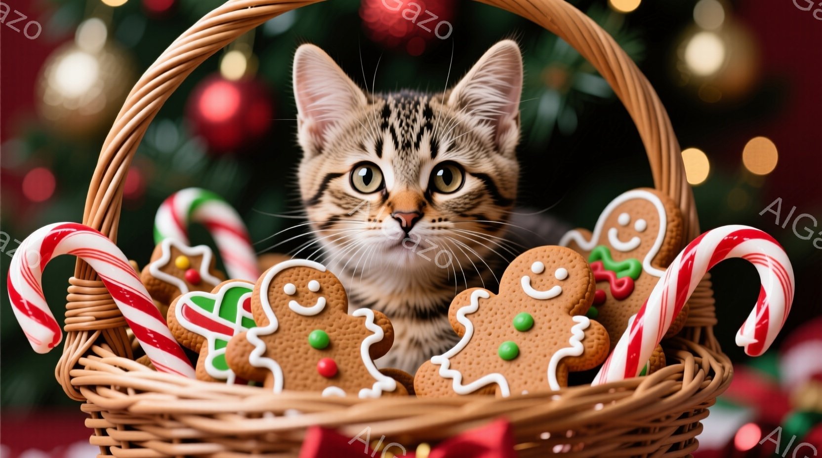 茶色の編み込みバスケットの中に、縞模様の可愛らしい子猫が座っています。周りにはジンジャーブレッドマンのクッキーとキャンディケーンが飾られ、クリスマスの温かく楽しい雰囲気を醸し出しています。背景にはぼや - AI生成フリー素材