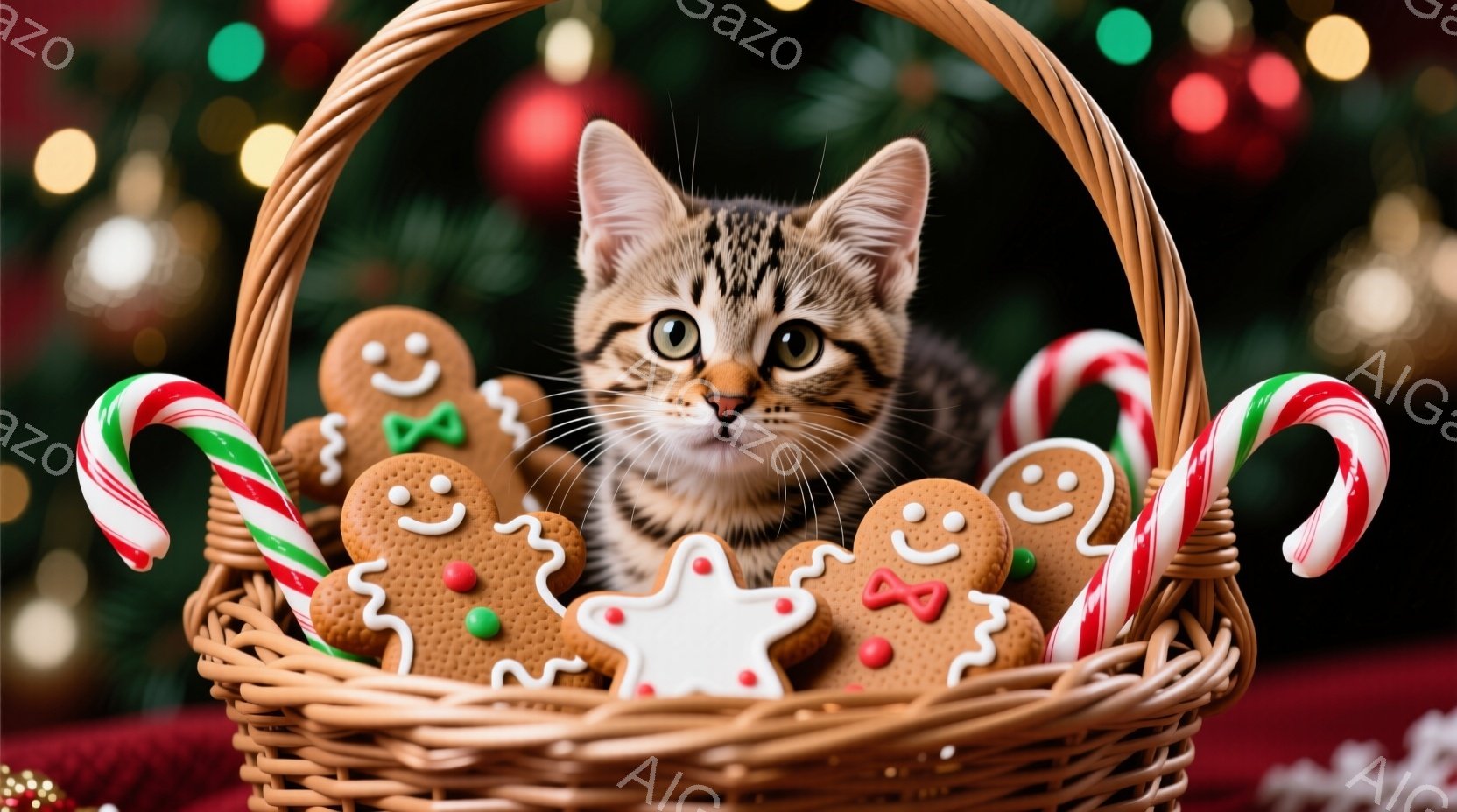 籠の中に、可愛らしい子猫がクッキーやキャンディケーンに囲まれて座っています。猫は縞模様で、大きな瞳はカメラに向かって好奇心旺盛に見つめており、リラックスした様子が伺えます。背景にはぼやけたクリスマスツリーの光があり、温かく、お祝いムードを演出しています。