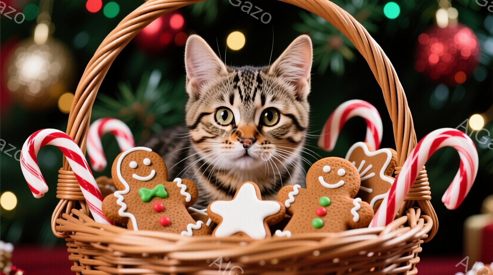 茶色の縞模様の猫が、クリスマスオーナメントやジンジャーブレッドマン、キャンディケーンが入った籐のバスケットの中に座っています。猫は正面を見つめ、好奇心と遊び心にあふれた表情をしています。背景にはぼやけたクリスマスツリーの飾りがあり、全体的に暖かく、お祝いの雰囲気を醸し出しています。