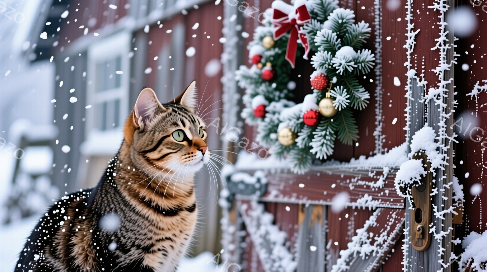 縞模様の猫が雪が降る赤い木のドアの横に立っており、何かを見上げています。ドアにはクリスマスリースが飾られ、雪で覆われたドアノブがアクセントになっています。背景は雪景色で、全体的に暖かく、冬らしい、そし - AI生成フリー素材