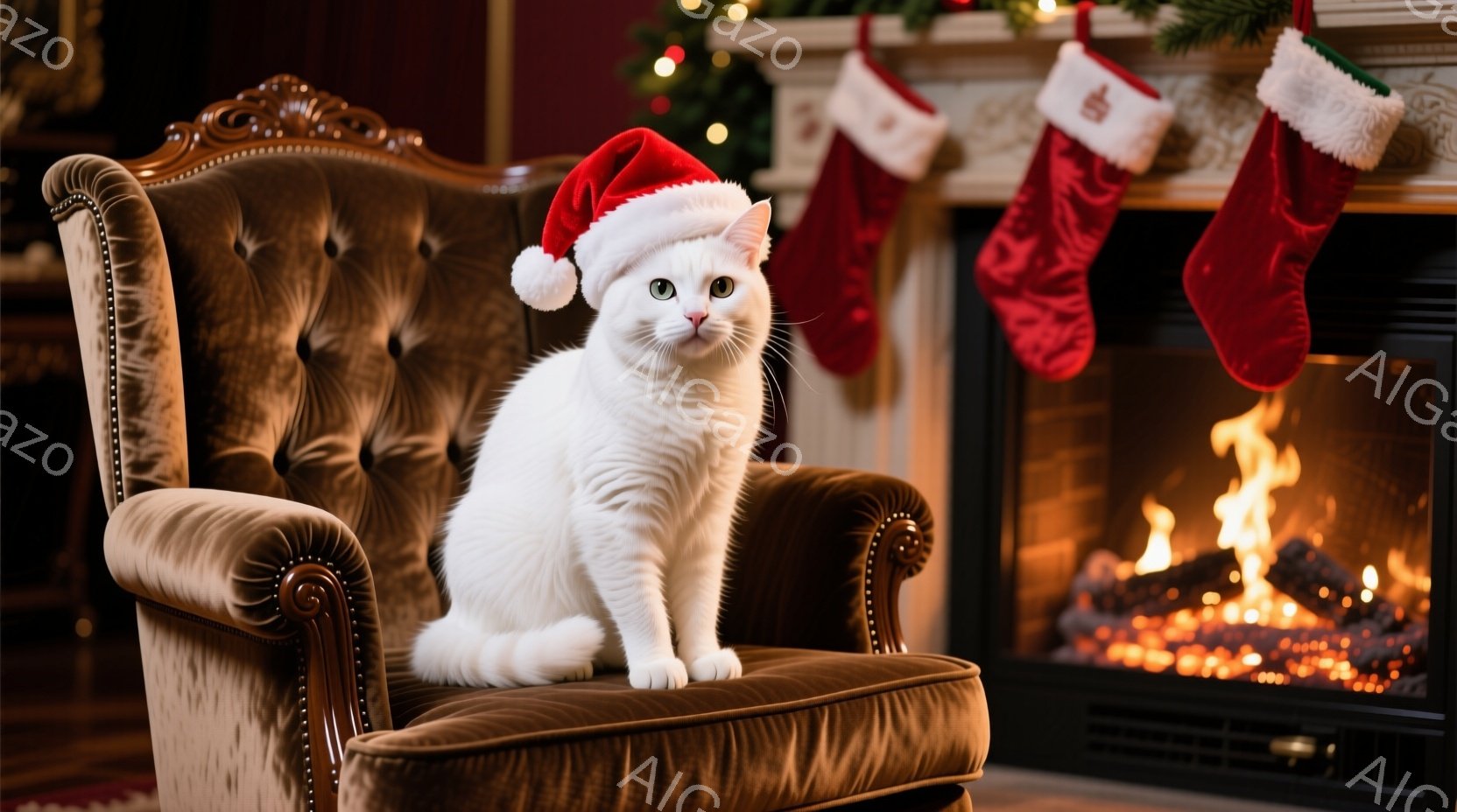 白い猫が豪華な椅子に座っており、赤いサンタの帽子を被っています。背景には暖炉があり、火が燃え盛っており、クリスマスストッキングが飾られています。全体的に暖かく、お祝いの雰囲気で、猫は少しだけ驚いたよう - AI生成フリー素材