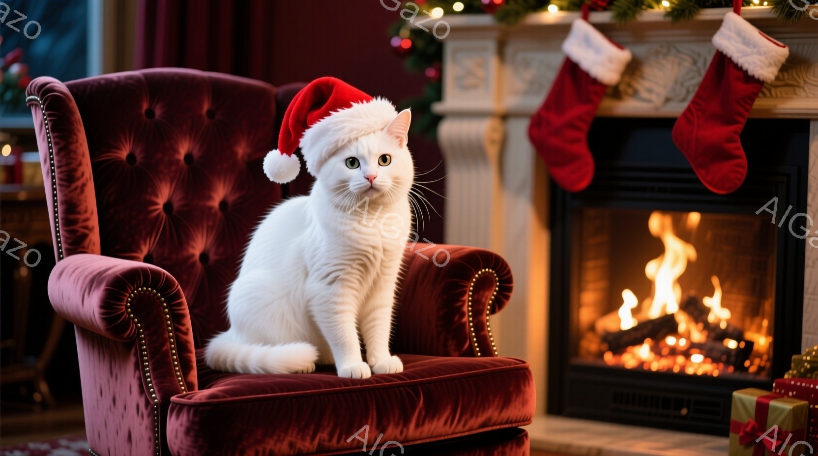 白い猫が赤いサンタの帽子をかぶり、赤いベルベットの肘掛け椅子に座っています。背景には暖炉があり、炎が燃え盛り、クリスマスの飾り付けが施された暖かく居心地の良い雰囲気が漂っています。プレゼントと靴下が暖 - AI生成フリー素材