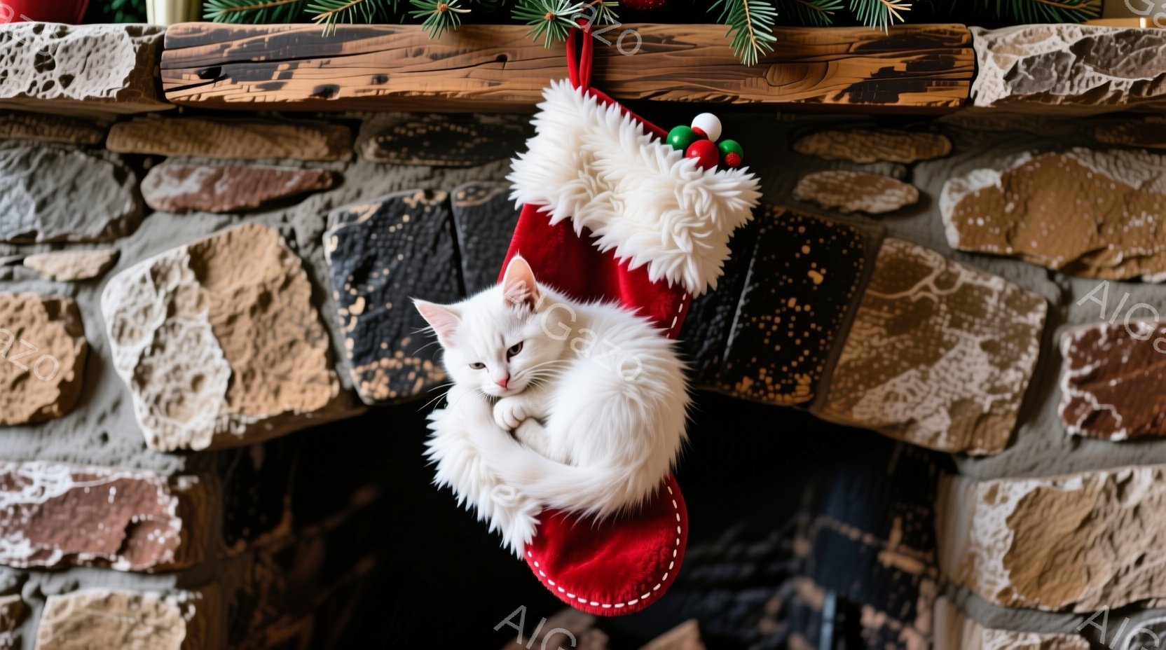 白い猫が赤いクリスマスストッキングの中に可愛らしく収まっている。猫は丸まってリラックスした様子で、少しこちらを見ているようで、穏やかな表情をしている。背景は石造りの暖炉で、クリスマスツリーの枝がわずか - AI生成フリー素材