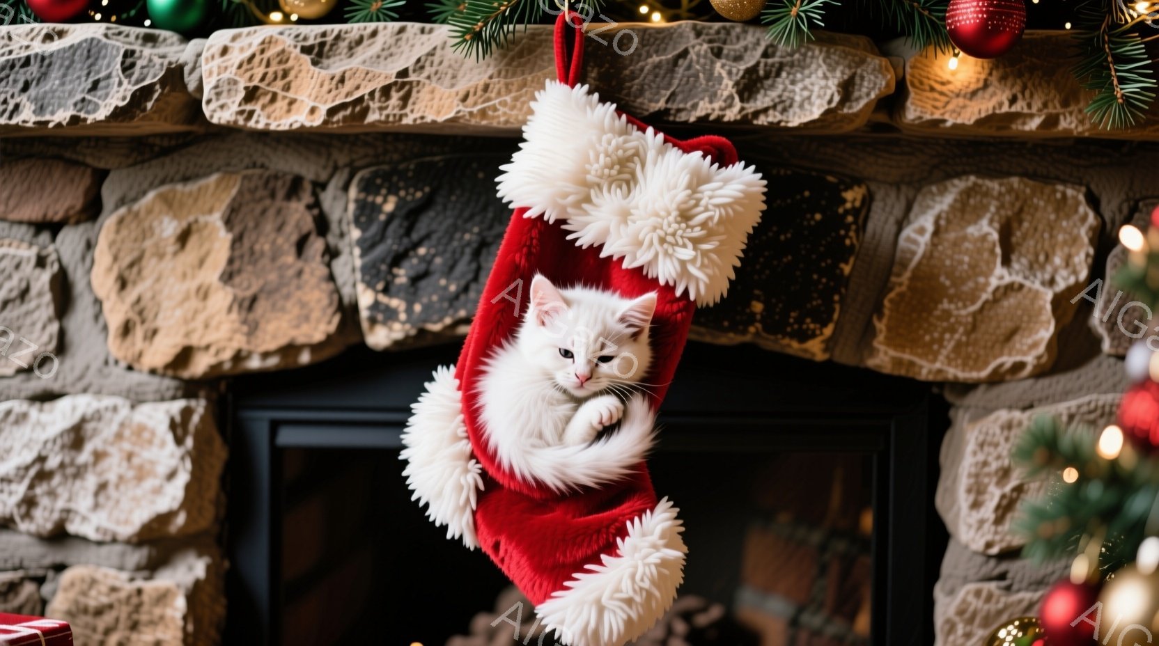 赤いクリスマスストッキングの中に白い猫が丸まって眠っています。猫はリラックスした姿勢で、ストッキングのふわふわとした縁に顔をうずめています。背景には、クリスマスツリーの飾りと石造りの暖炉が見え、暖かく - AI生成フリー素材