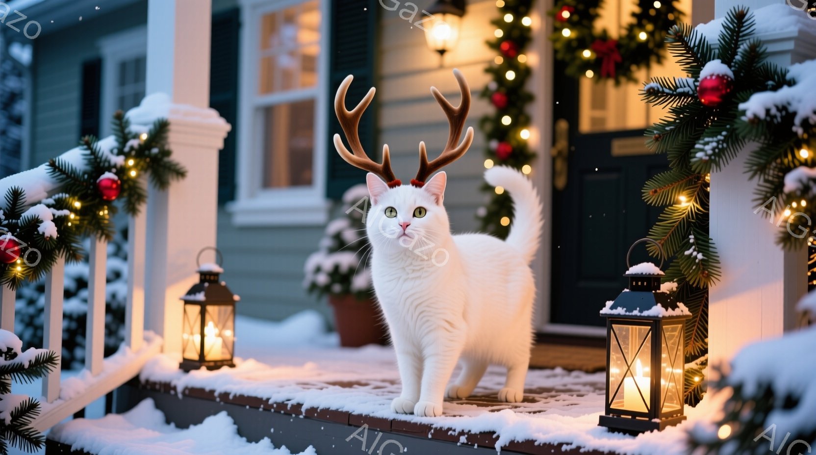 白い猫が、クリスマスの装飾が施された家の玄関の段差に立っている。頭には角の飾りをつけており、好奇心と自信に満ちた表情で正面を見つめている。背景には、雪で覆われた庭、点灯されたクリスマスライト、そして鉢 - AI生成フリー素材