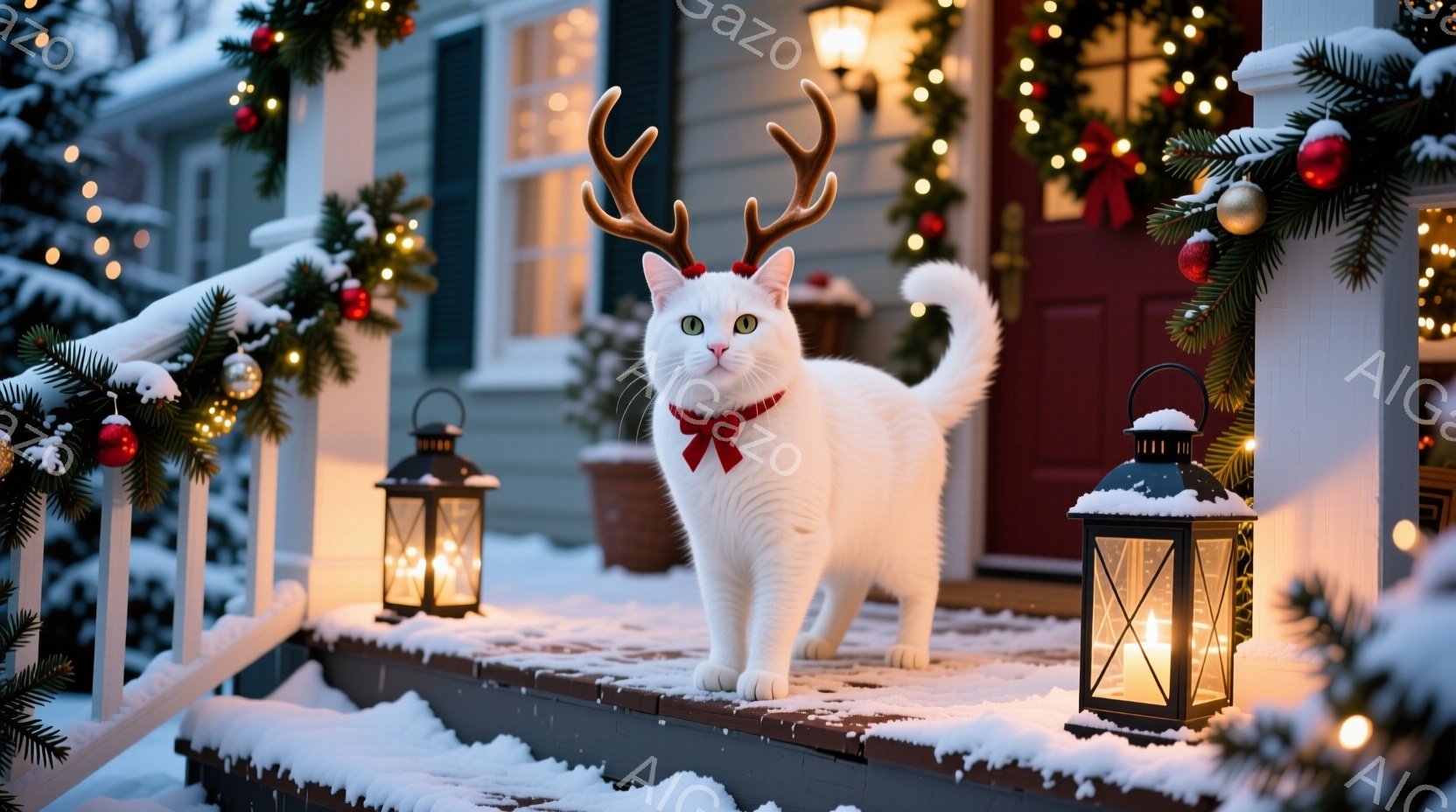 白い猫が、クリスマスのトナカイの角と赤いリボンをつけて、雪の積もった家のポーチの上に立っています。猫は正面を見ており、優雅な姿勢で少し上目遣いをしています。背景には、クリスマスデコレーションで飾られた家と、温かい光を放つランタンがあり、穏やかで祝祭的な雰囲気が漂っています。