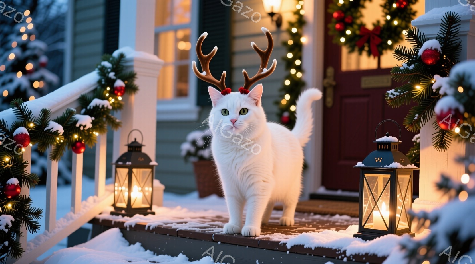 白い猫がクリスマスのトナカイの角を付けて、家のポーチの階段に立っている。背景には、クリスマスリースやイルミネーションで飾られた家があり、雪が降り積もった暖かい雰囲気である。猫は前方をまっすぐ見つめ、静かで落ち着いた表情をしている。