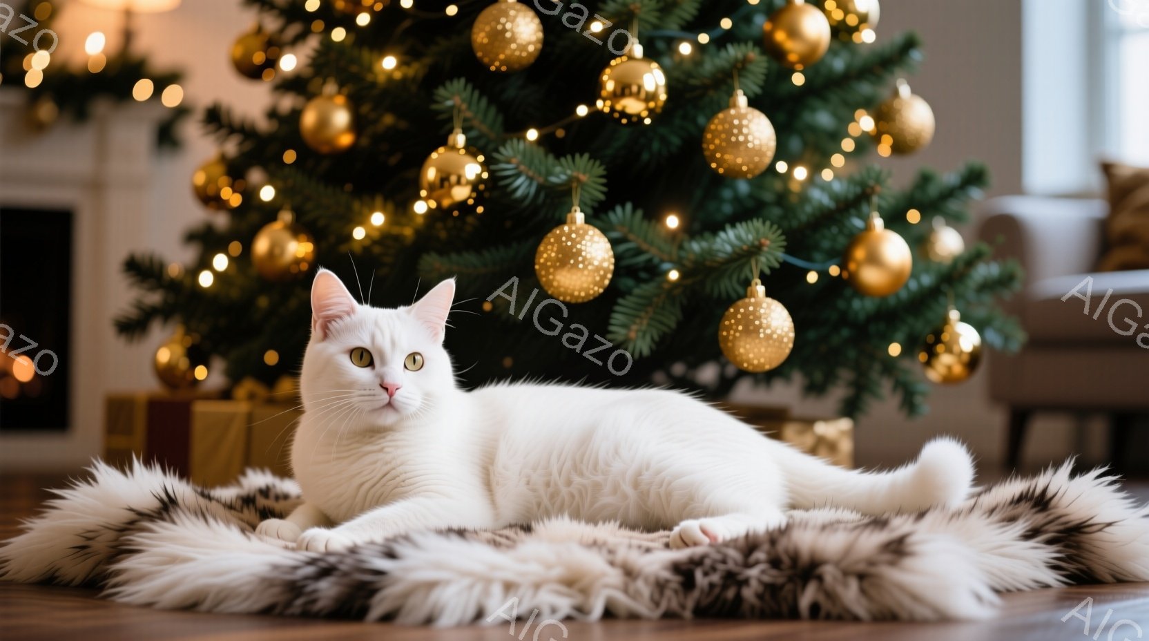 白い猫が、木目調の床に敷かれたふわふわの毛皮のような敷物の上で横たわっています。背景には、金色のオーナメントで飾られたクリスマスツリーがあり、暖かく、お祝いの雰囲気です。猫はリラックスした表情で、穏や - AI生成フリー素材