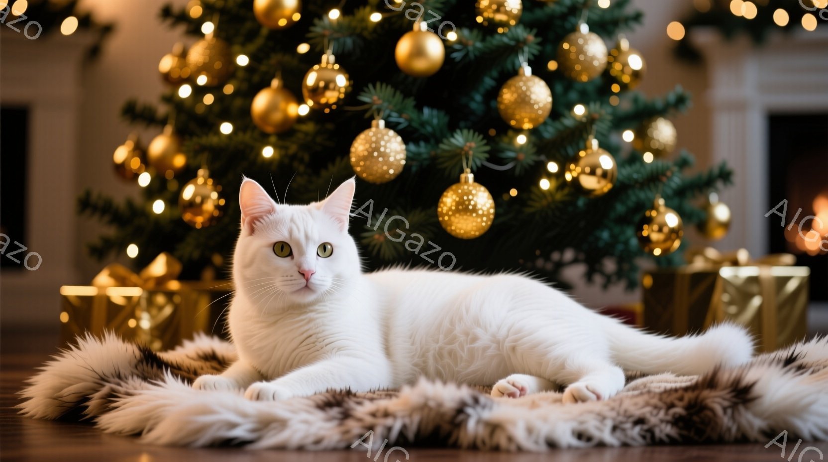 白い猫が、ふわふわした毛布の上でリラックスして横たわっています。背景には、金色のオーナメントで飾られたクリスマスツリーがあり、プレゼントボックスも置かれています。暖かく、心地よい雰囲気で、猫は落ち着い - AI生成フリー素材