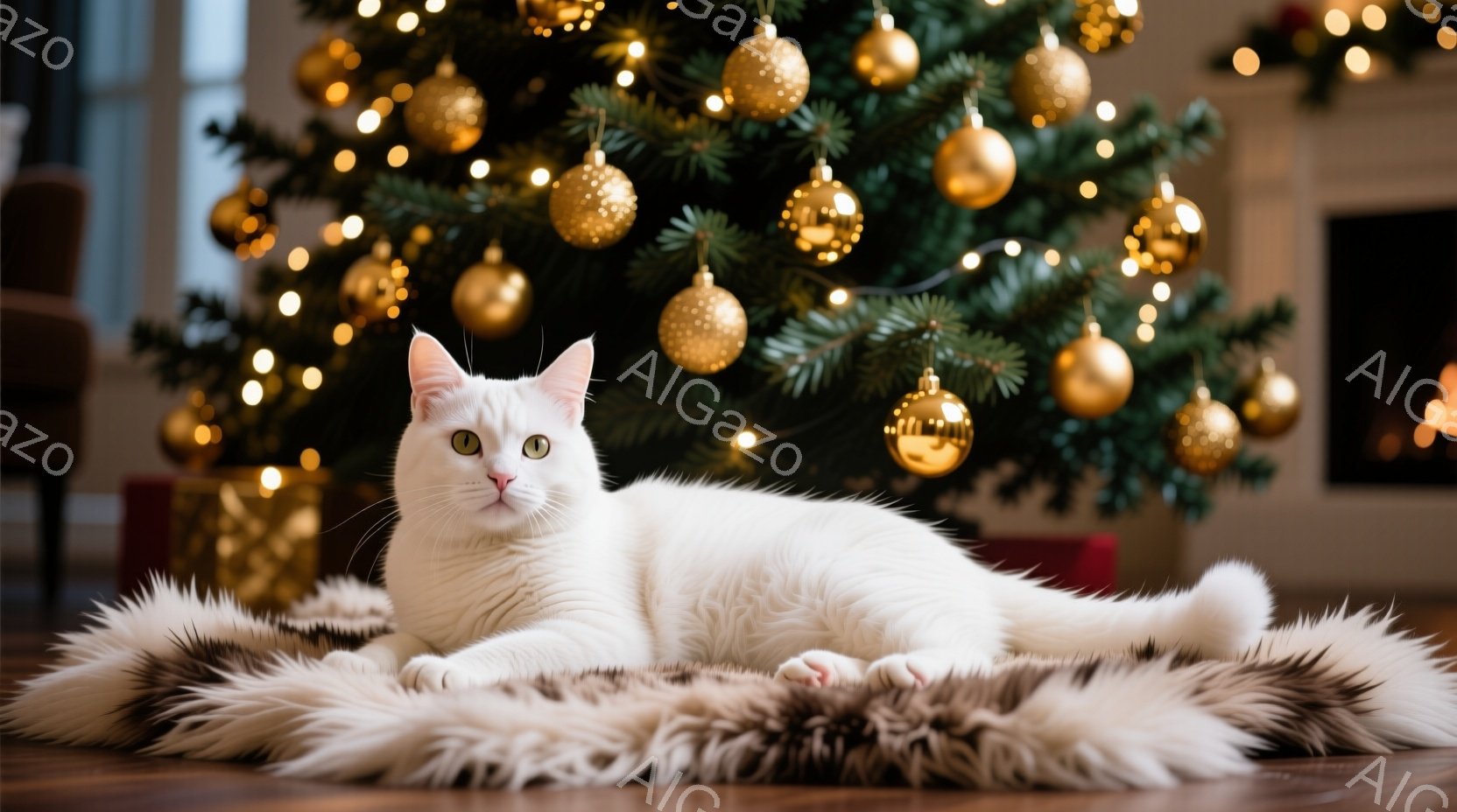 白い猫が、木目調の床に敷かれた毛皮のような敷物の上で、リラックスして横たわっています。背景には、金色のオーナメントで飾られたクリスマスツリーがあり、暖かく穏やかな雰囲気を醸し出しています。暖炉の光がぼんやりと見え、ホリデーシーズンの心地よい安らぎを感じさせます。