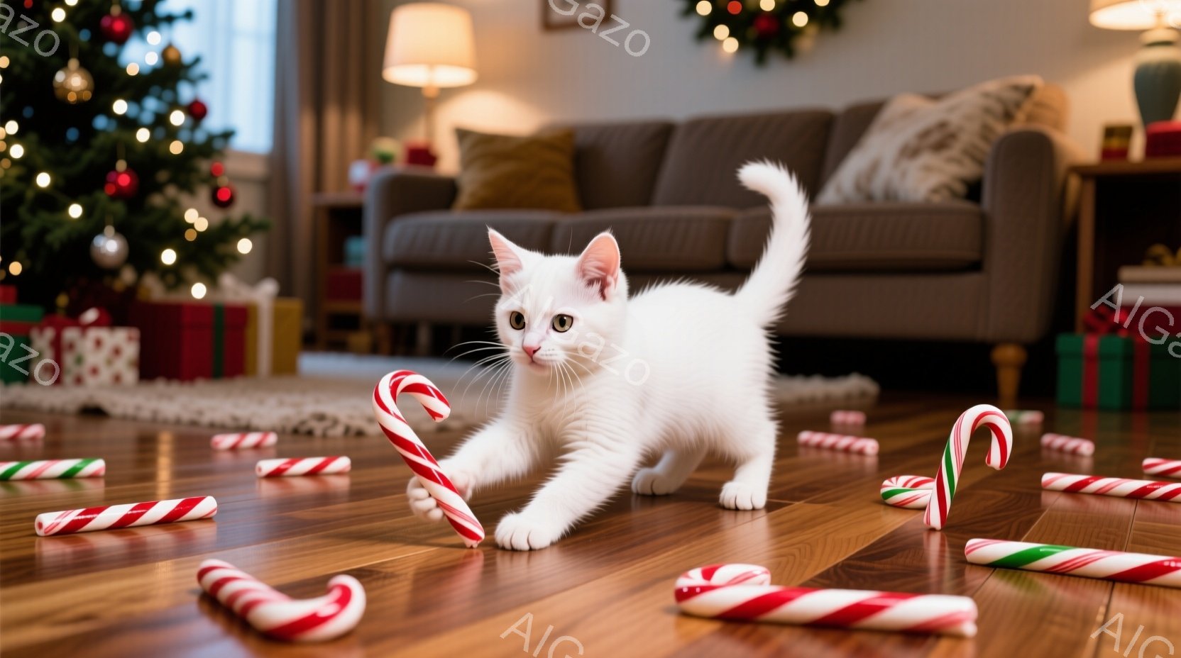 白い子猫が、クリスマスのキャンディケーンが散らばった木の床の上を遊び心いっぱいに歩いている様子が写っている。背景には、装飾されたクリスマスツリーと、ベージュ色のソファが見え、温かく、お祝いの雰囲気が漂 - AI生成フリー素材