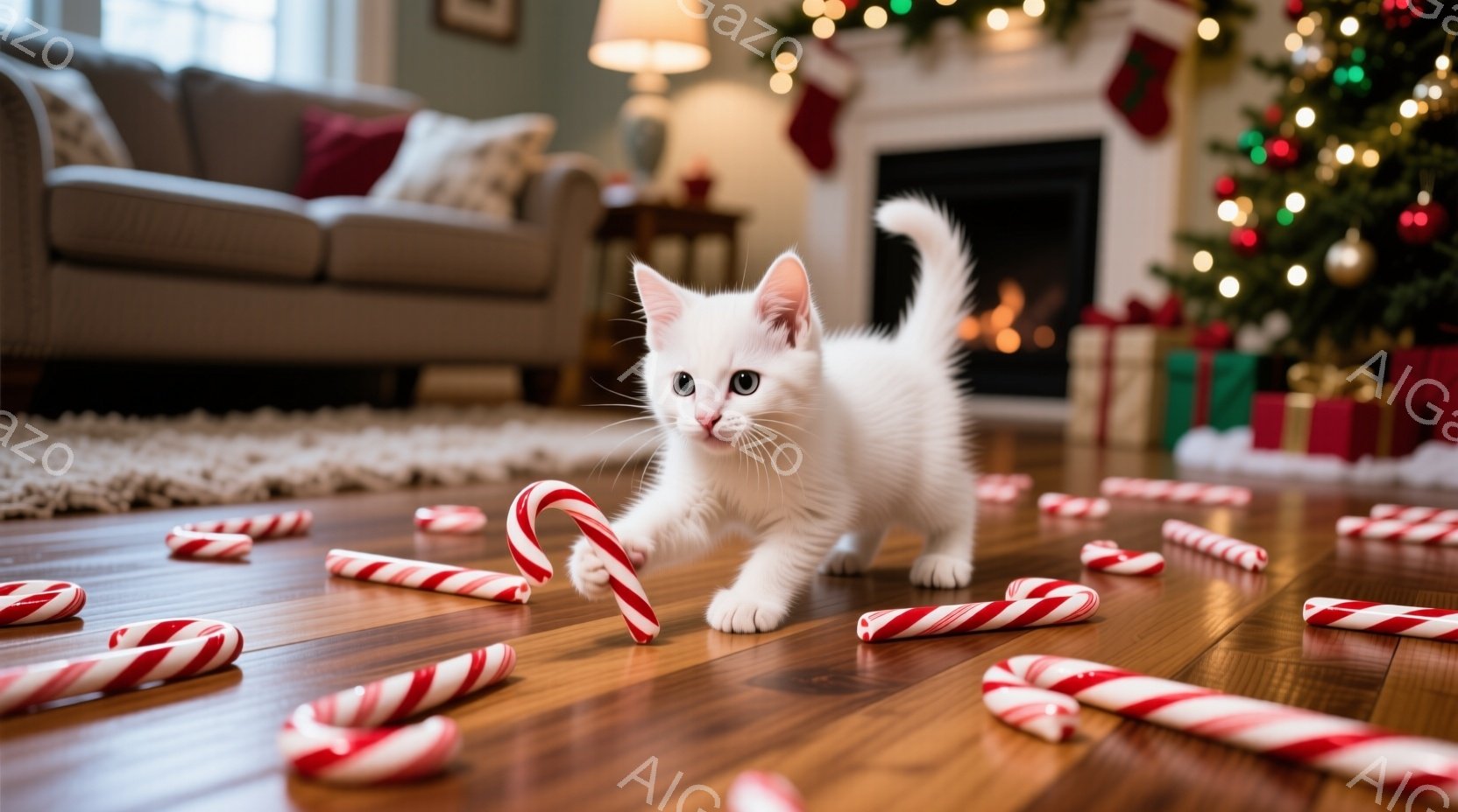 白い子猫が床に散らばったキャンディケーンの間で遊んでいます。背景にはクリスマスツリー、暖炉、そしてベージュ色のソファが見え、部屋全体が温かく、お祝いムードに包まれています。木製の床とクリスマスの装飾が - AI生成フリー素材