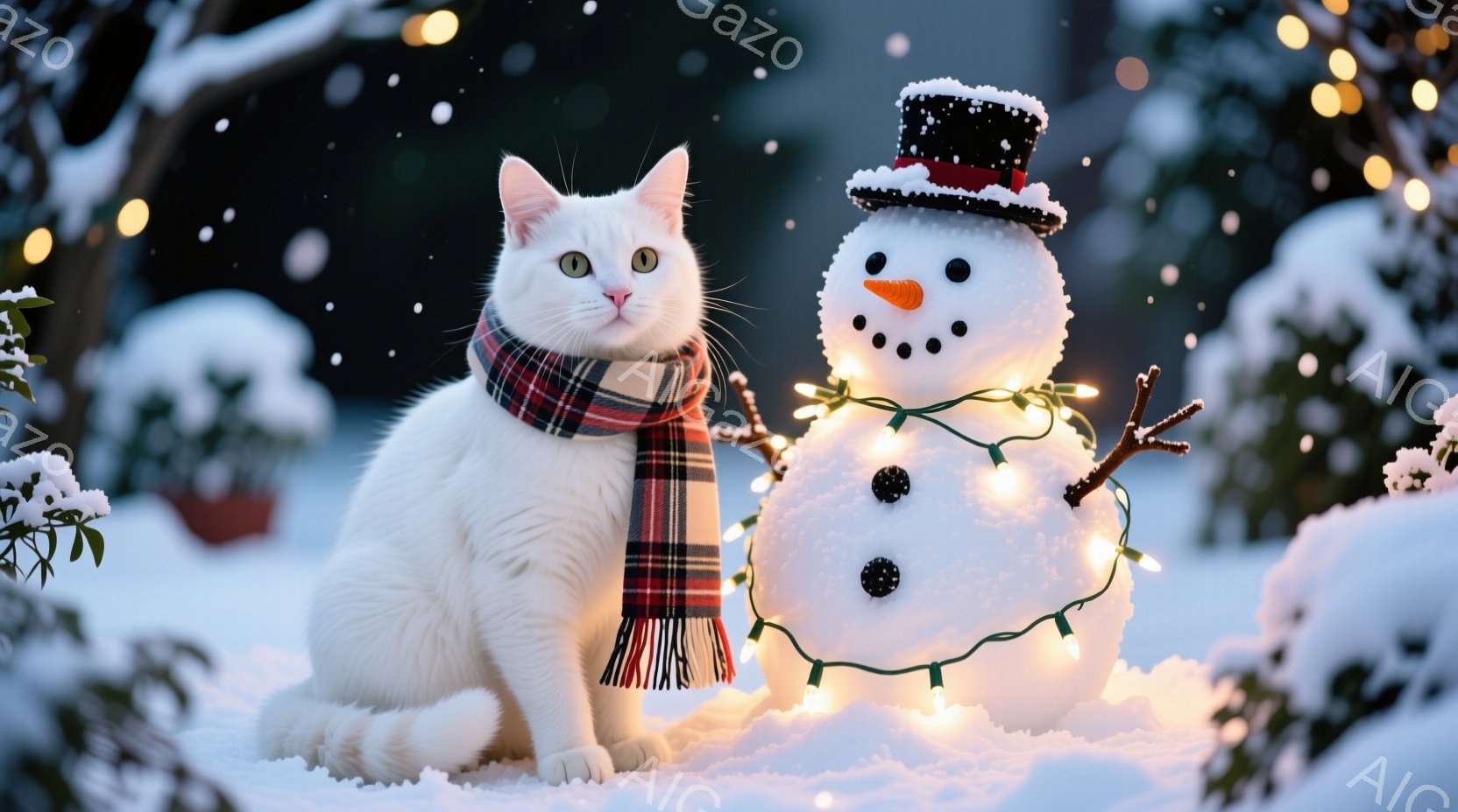 白い猫が赤いチェック柄のマフラーを巻いて雪の上に座っています。その隣には、小さな雪だるまが飾られており、頭にはシルクハット、オレンジ色の鼻、そしてキラキラ光る電飾が巻かれています。背景には雪に覆われた木々や植物が見え、冬の温かく幻想的な雰囲気を醸し出しています。