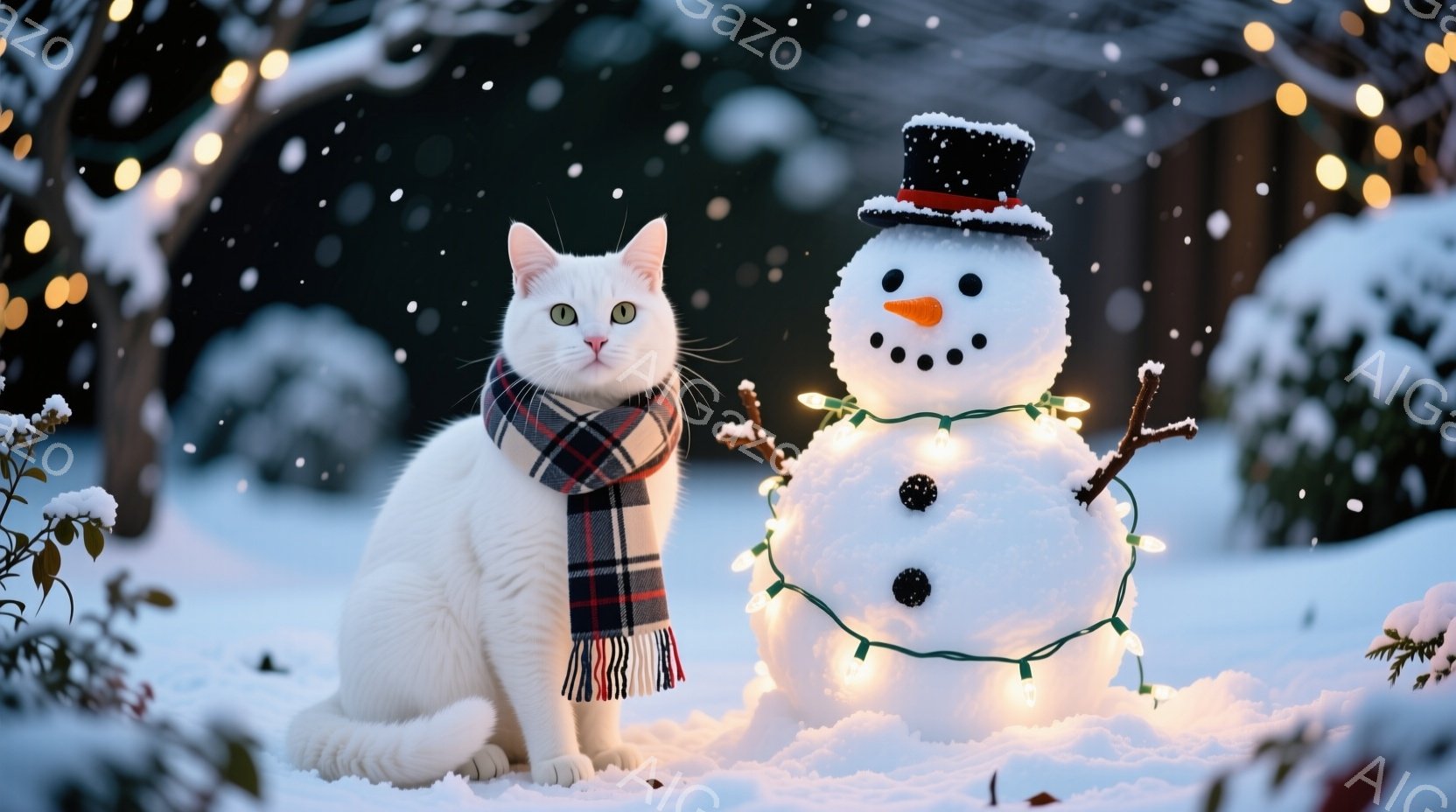 白い猫が赤いチェック柄のストールを首に巻き、雪の上に座っています。猫の表情は穏やかで、少し上を見ているようです。背景には、イルミネーションで飾られた雪だるまがあり、雪景色の中、温かく優しい雰囲気が漂っ - AI生成フリー素材