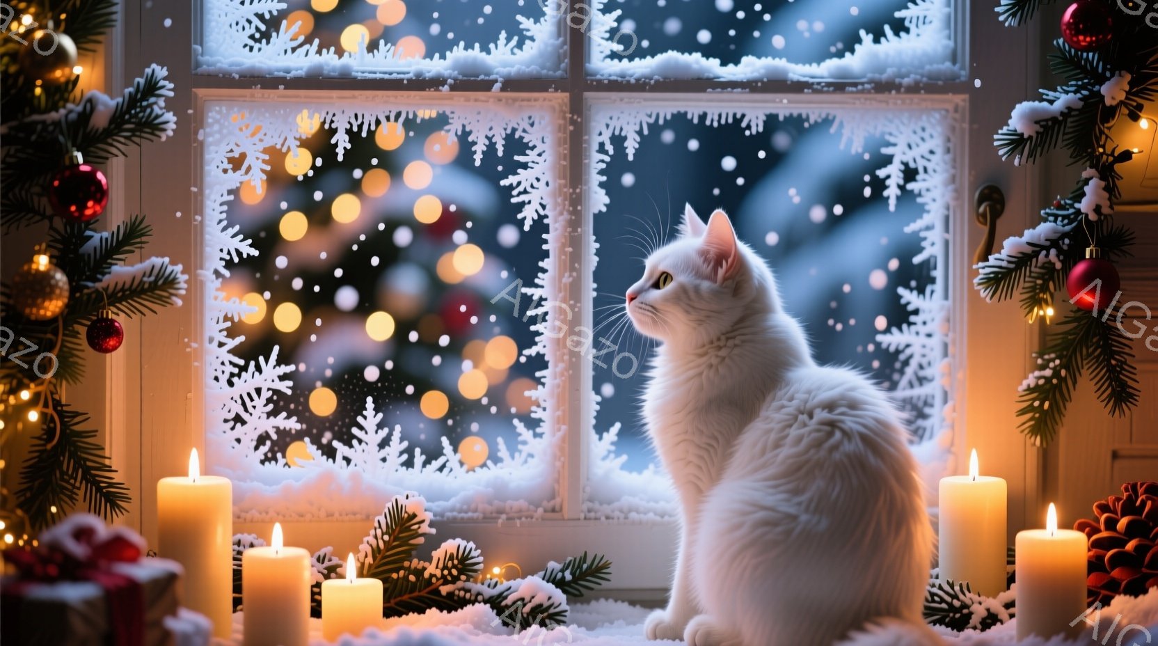 白い猫が窓辺に座り、外の雪景色を眺めている。窓には雪の結晶模様が描かれ、背景にはぼやけた光の粒子が舞う冬の夜の情景が広がっている。温かい光を放つキャンドルやクリスマスツリーの飾り付けが、猫の白い毛並み - AI生成フリー素材