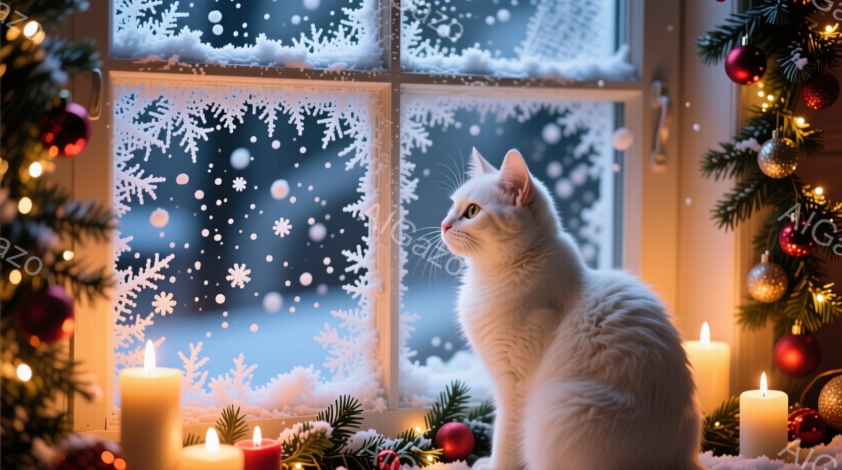 白い猫が窓の外の雪景色を眺めています。窓には雪の結晶の模様が描かれ、暖かく光るキャンドルとクリスマスツリーの装飾が猫の周りに配置されています。全体的に暖かく、冬の穏やかな雰囲気を醸し出しています。 - AI生成フリー素材