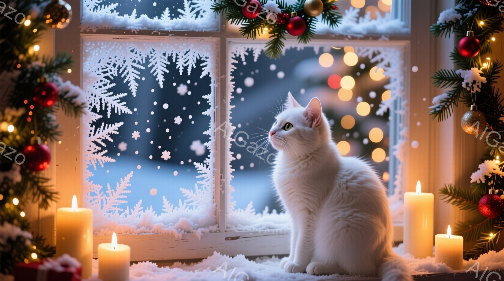 白い猫が窓辺に座り、外の雪景色を見つめている。背景には、雪の結晶で飾られた窓、点灯されたキャンドル、そしてクリスマスの飾り付けがされた木があり、暖かく幻想的な雰囲気を醸し出している。雪が降る冬の夜の、 - AI生成フリー素材