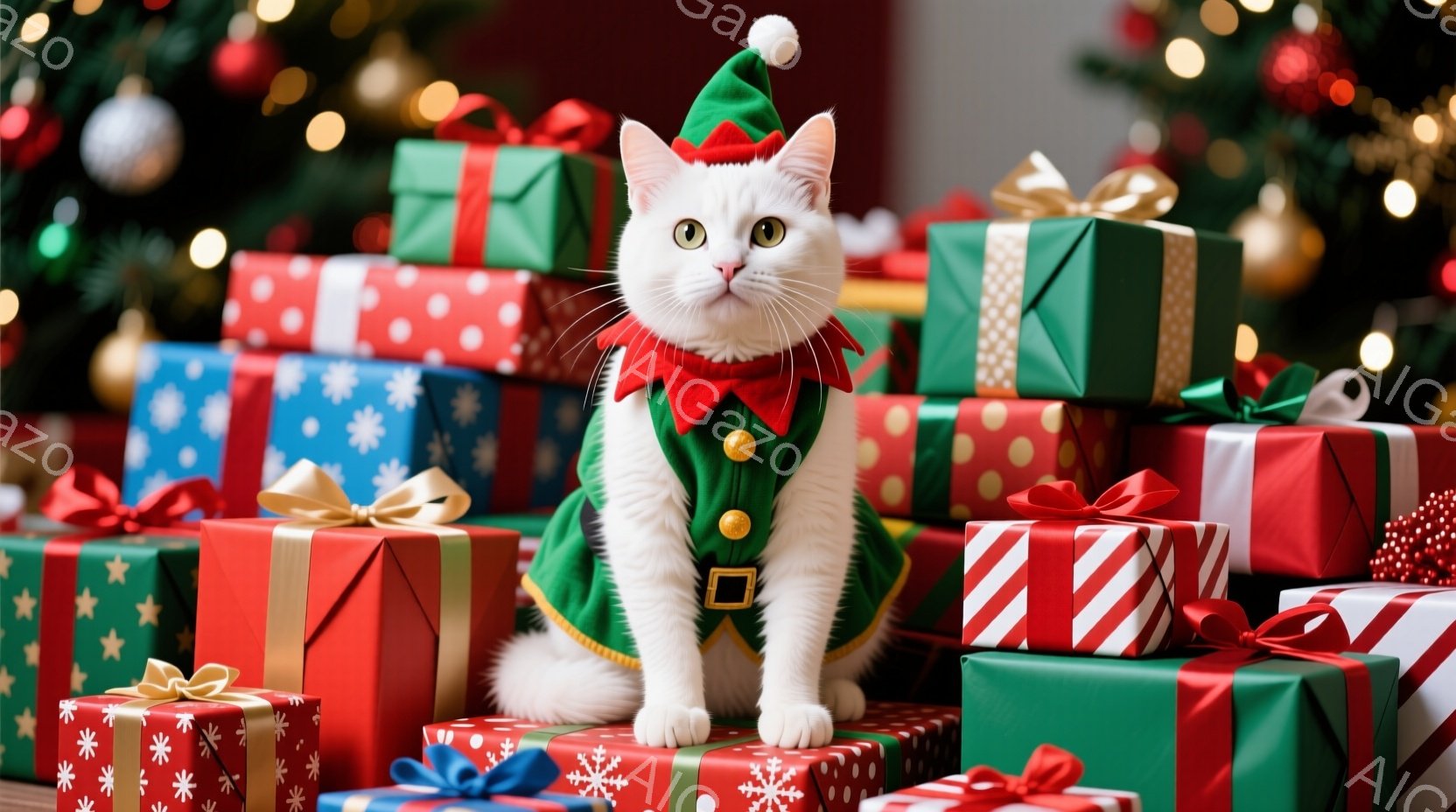 白い猫が、クリスマスエルフの衣装を着てプレゼントの山の中に座っています。猫は緑色のベストと赤い襟、そして先が尖った帽子を着用し、正面を見て穏やかな表情をしています。背景には、さまざまな色の包装紙で飾られたたくさんのプレゼントと、ぼやけたクリスマスツリーの光が見えます。