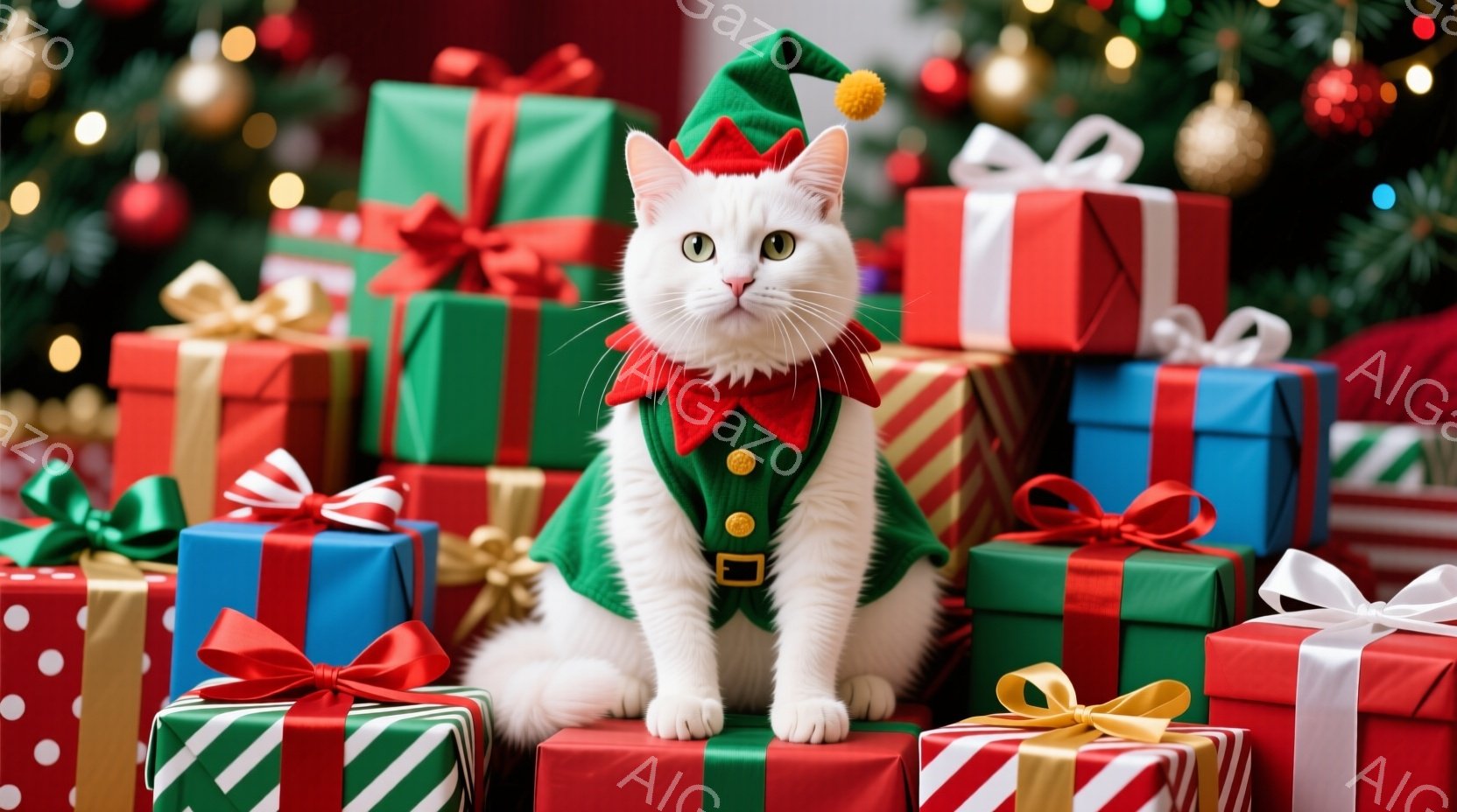 白い猫がクリスマスプレゼントの山の上に座っており、緑と赤のコスチュームを着ています。猫は正面を見つめ、少し驚いたような表情をしています。背景には様々な色の包装紙で飾られたプレゼントが積み重なり、クリス - AI生成フリー素材