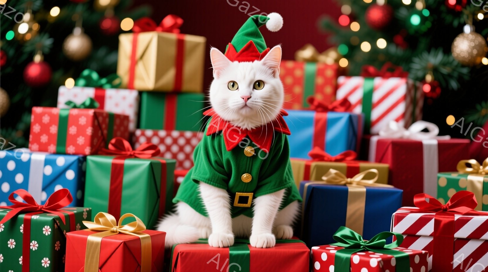 白い猫がクリスマスエルフの衣装を着て、プレゼントの山の上に座っています。猫はまっすぐ前を見ており、穏やかで少し驚いたような表情をしています。背景には、赤、緑、青など様々な色のラッピングされたプレゼント - AI生成フリー素材