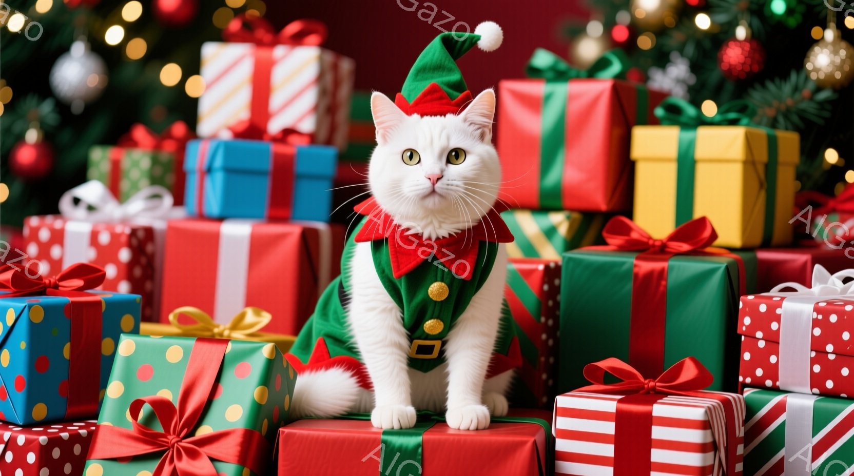 白い猫が、緑と赤の妖精の衣装を着て、プレゼントの山の上に座っています。猫はまっすぐ前を見ており、穏やかで少し退屈そうな表情をしています。背景には、赤、緑、金色の包装紙で包まれた様々な大きさのプレゼント - AI生成フリー素材