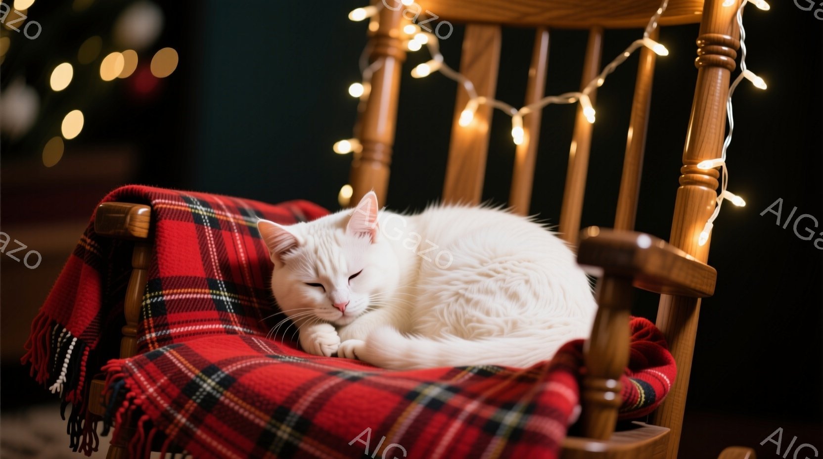 白い猫が、赤いチェック柄のブランケットが敷かれた木製のロッキングチェアに丸まって眠っている。背景は暗く、ぼやけた光の帯がわずかに見えるが、全体的に暖かく、穏やかな雰囲気が漂っている。猫は目を閉じ、リラ - AI生成フリー素材