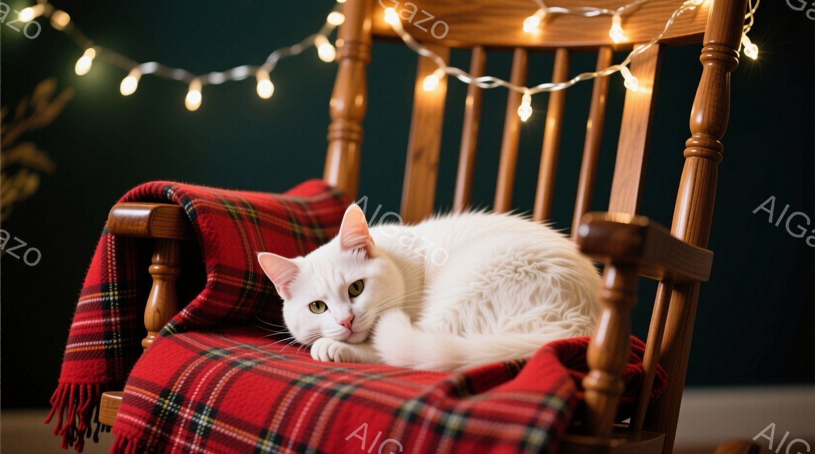 白い猫が、赤いチェック柄のブランケットが掛けられた揺り椅子に丸まって横たわっています。猫は目を細め、リラックスした表情をしています。背景は濃い緑色で、椅子の上には暖かい光を放つイルミネーションが飾られ、穏やかで心地よい雰囲気を作り出しています。