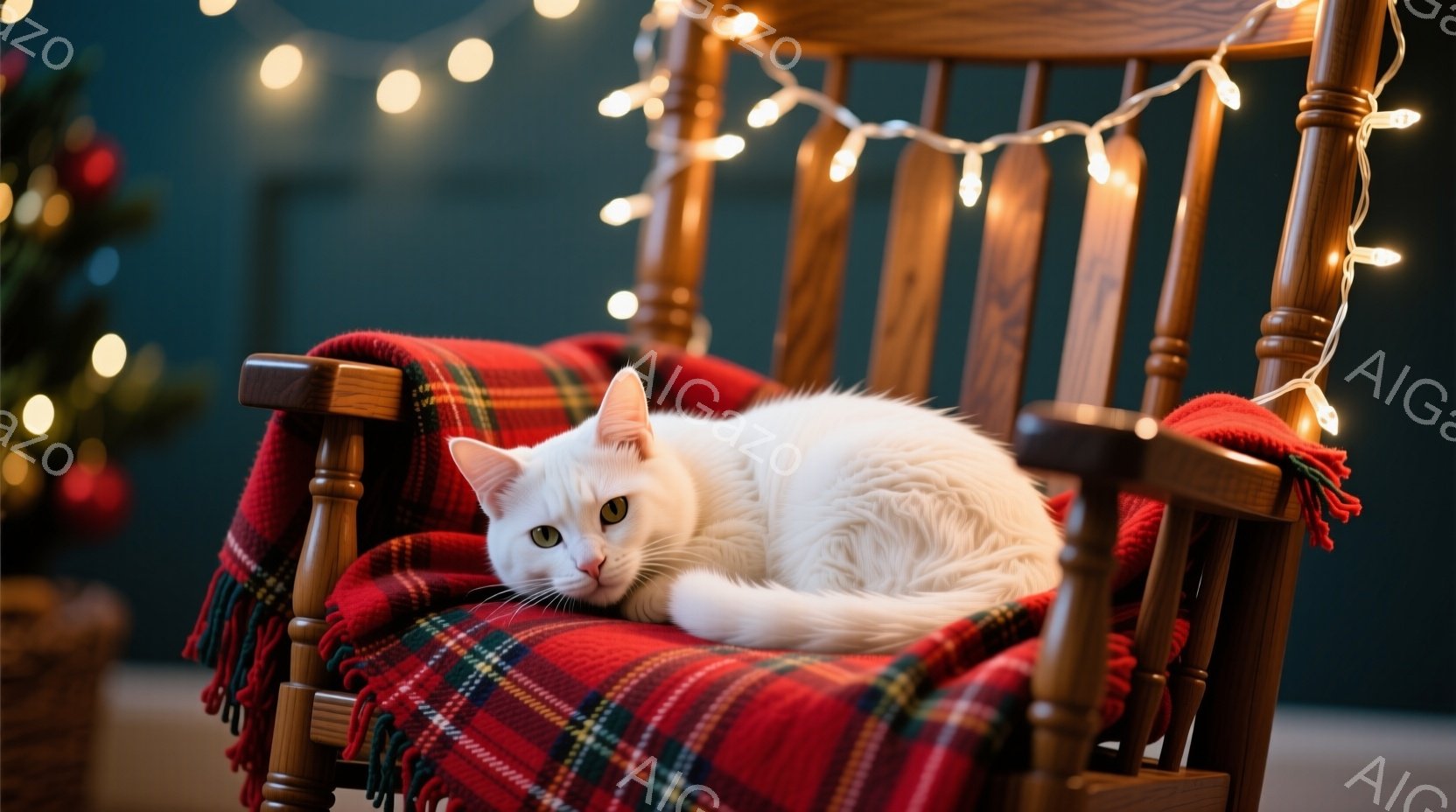 白い猫が、赤いチェック柄のブランケットがかけられたロッキングチェアに横たわっている。猫はリラックスした表情で、わずかに目を細めている。背景にはクリスマスの飾り付けがぼやけており、暖かく心地よい雰囲気を - AI生成フリー素材