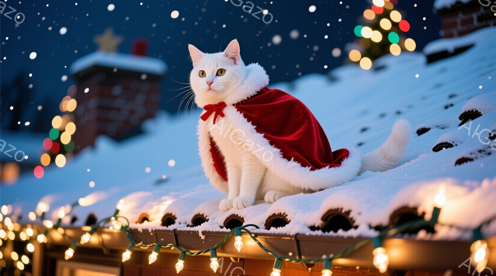 白い猫が赤いサンタのケープを羽織り、雪に覆われた屋根の上で座っています。その表情はどこか気まぐれで、遠くを見つめています。背景には、クリスマスツリーの飾りと、点滅する電飾が散りばめられ、雪が静かに降り - AI生成フリー素材