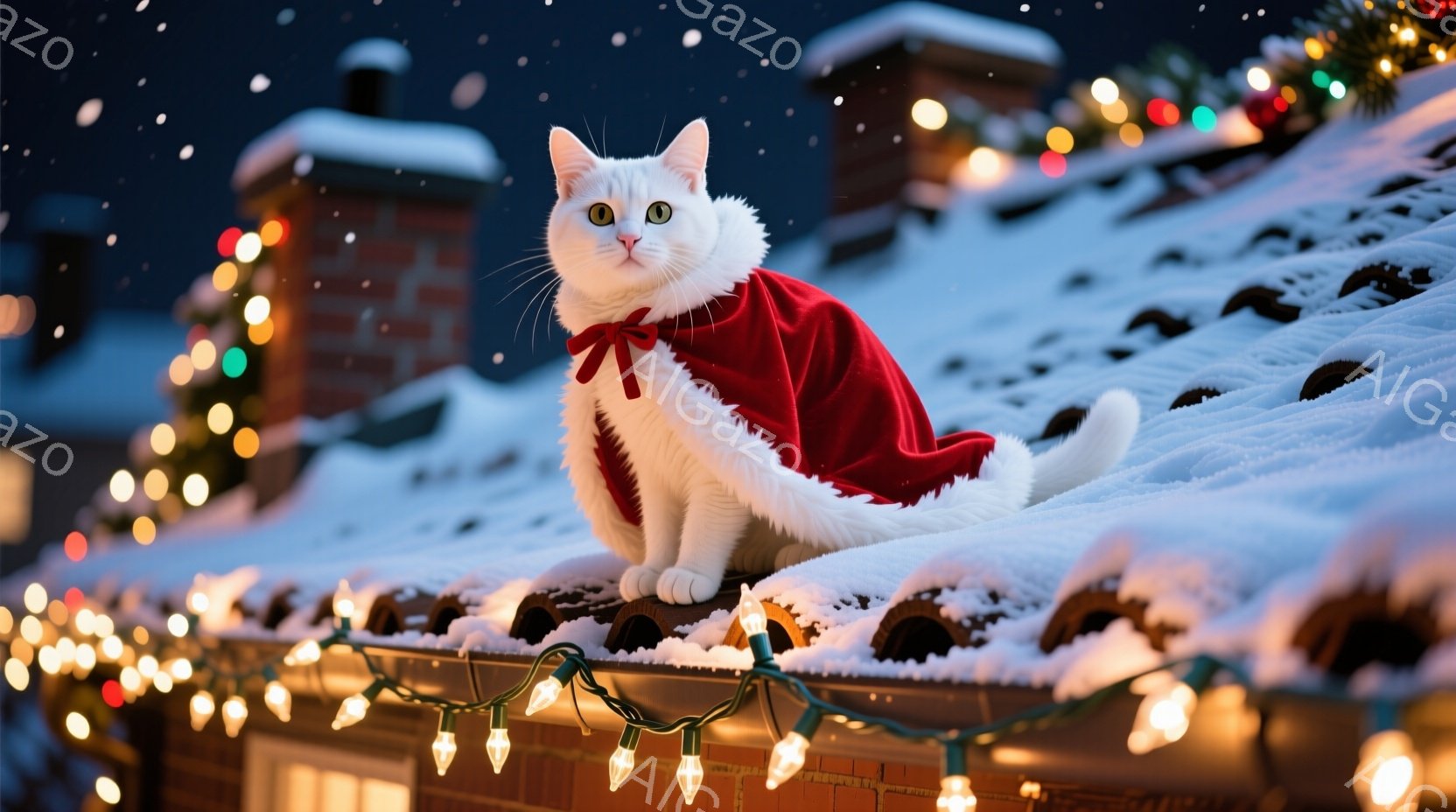 白い猫が赤いマントを羽織り、雪で覆われた屋根の上に乗っています。その表情はどこか自信に満ち、穏やかで、周囲のキラキラと輝くイルミネーションライトを見下ろしているようです。背景には、雪化粧した建物と暗い - AI生成フリー素材