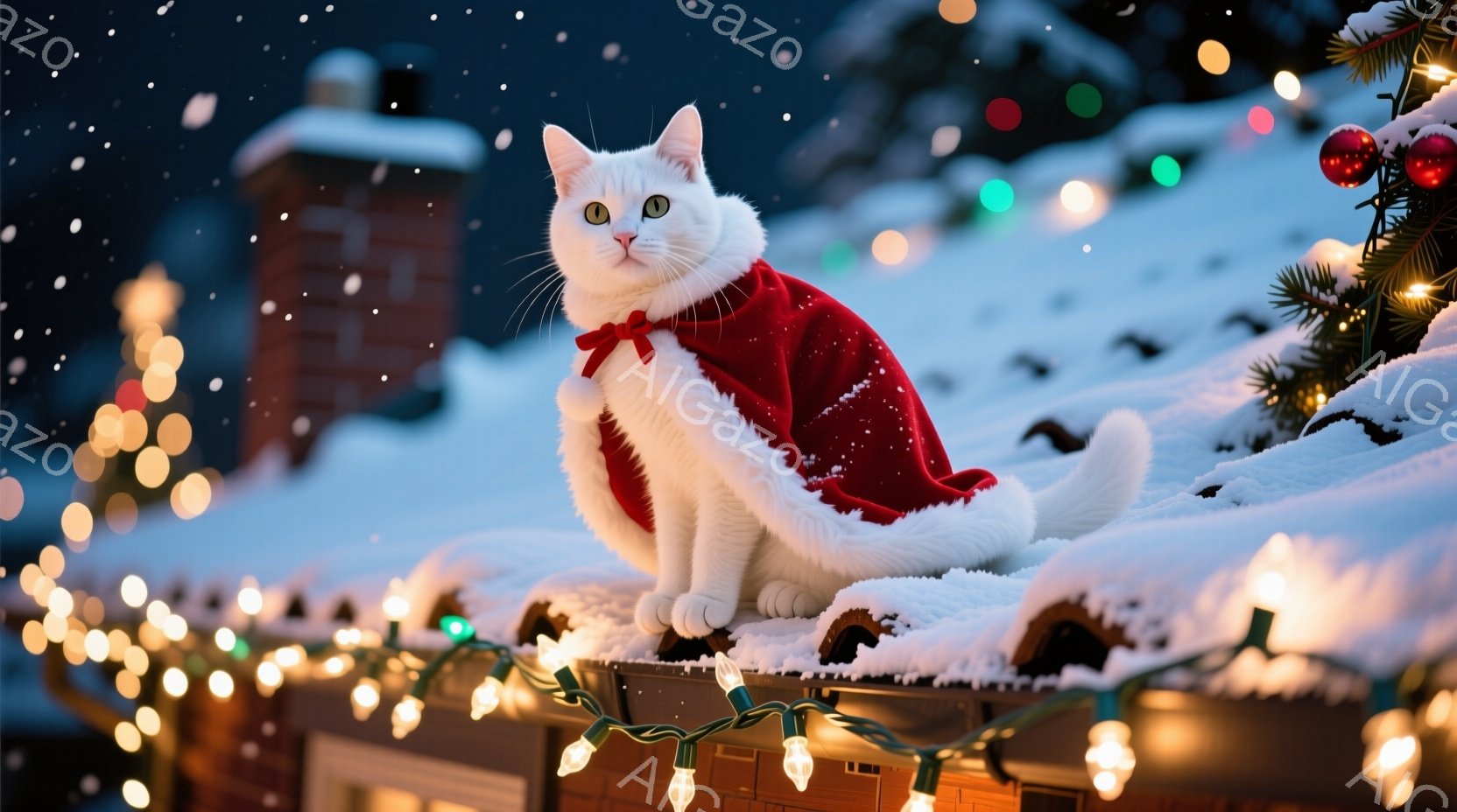 白い猫が赤いマントを羽織り、雪に覆われた屋根の上に座っています。猫は前をまっすぐ見つめ、少しいたずらっぽい表情をしています。背景には、きらめくクリスマスライトと、雪に覆われた家屋や木々が見え、冬の暖か - AI生成フリー素材