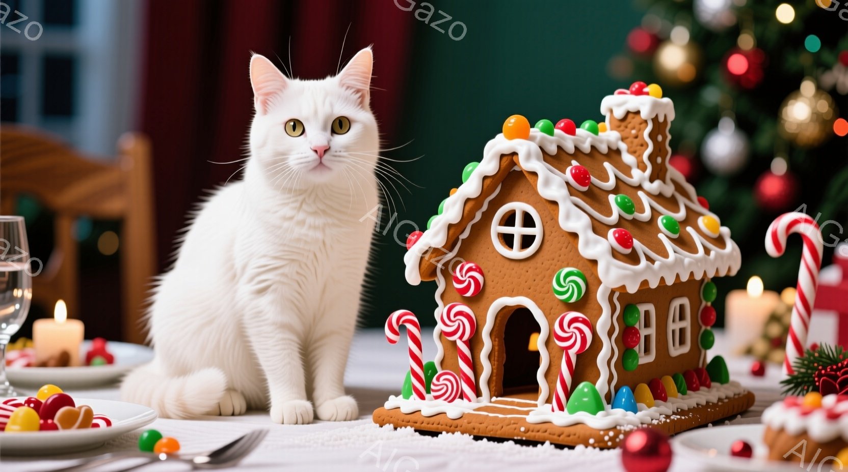 白い猫がクリスマスの食卓の前に座っており、テーブルの上にはジンジャーブレッドハウス、ろうそく、お皿が置かれている。猫は正面を見据え、少し好奇心旺盛な表情を浮かべている。背景にはクリスマスツリーがぼんやりと見え、暖かくお祝いの雰囲気が漂っている。