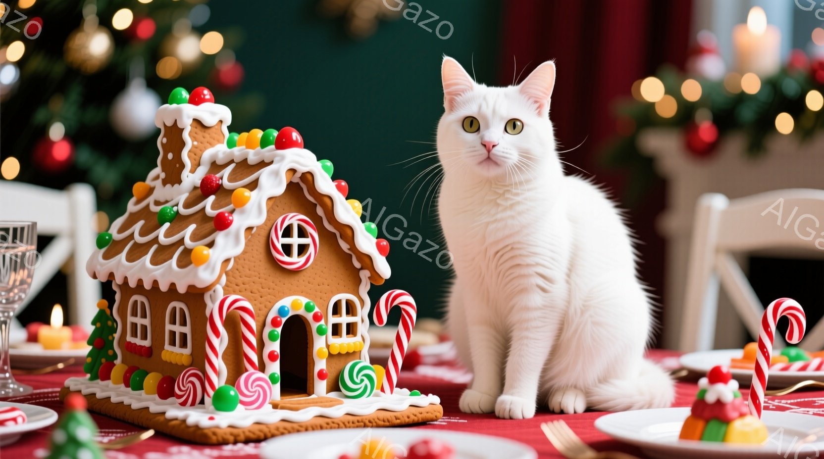 白い猫が、クリスマスのジンジャーブレッドハウスの隣に座ってこちらを見ている。背景にはぼやけたクリスマスツリーと、赤いテーブルクロス、キャンディケーンなどの装飾が散りばめられている。温かく、お祝いムード - AI生成フリー素材