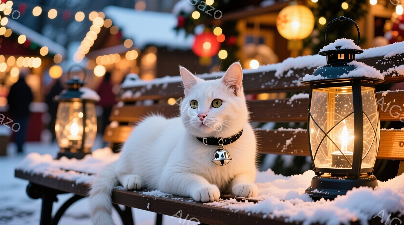 白い猫が雪の積もった木製のベンチに横たわっており、首には黒い首輪と小さな鈴が付いています。背景には、温かい光を放つランタンや、ぼやけたクリスマスマーケットの屋台が見え、雪が静かに降り積もる冬の夜の穏や - AI生成フリー素材