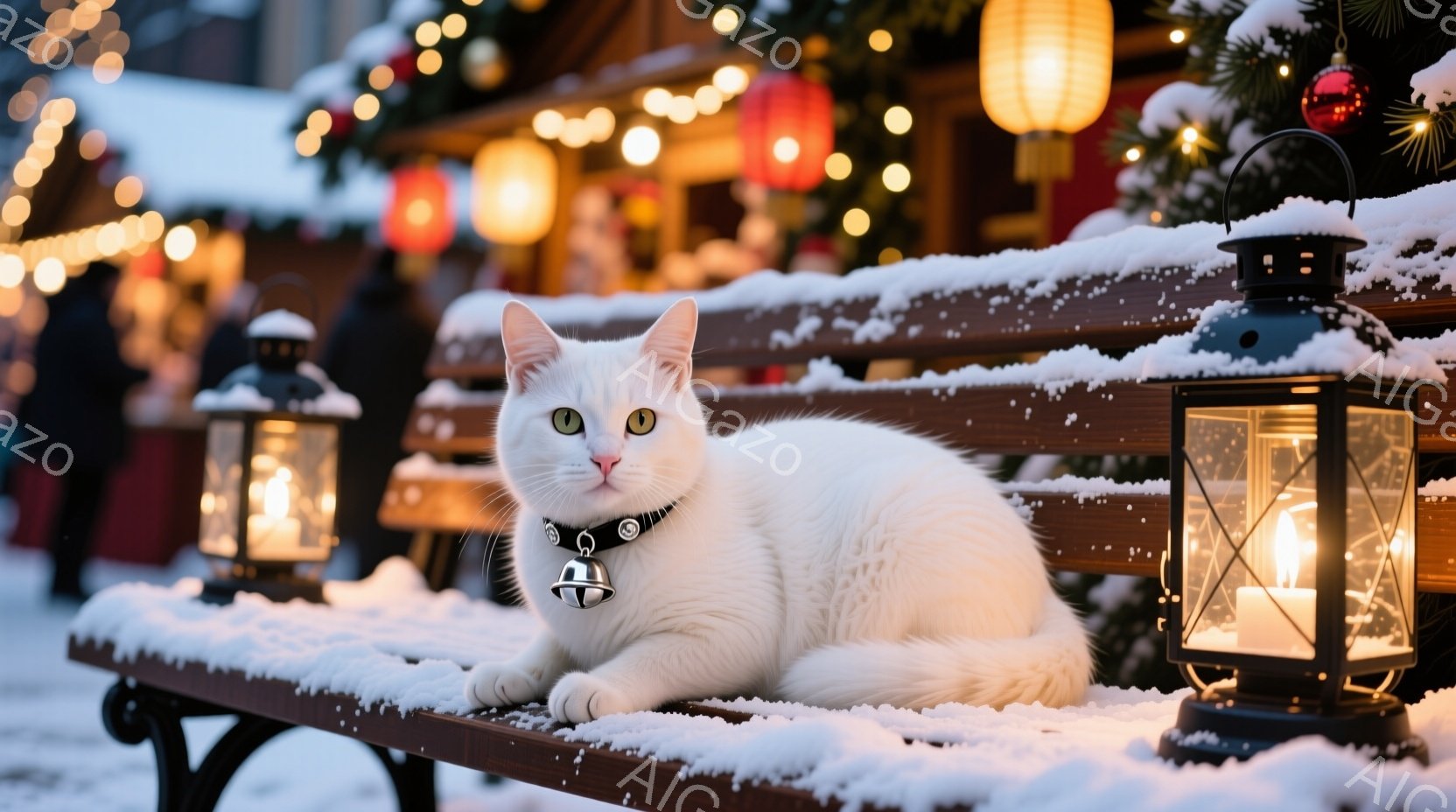 白い猫が雪の積もったベンチにゆったりと横たわっています。首輪には小さなベルがついており、穏やかな表情でこちらを見ています。背景にはクリスマスマーケットのような賑やかな雰囲気があり、光り輝くイルミネーシ - AI生成フリー素材